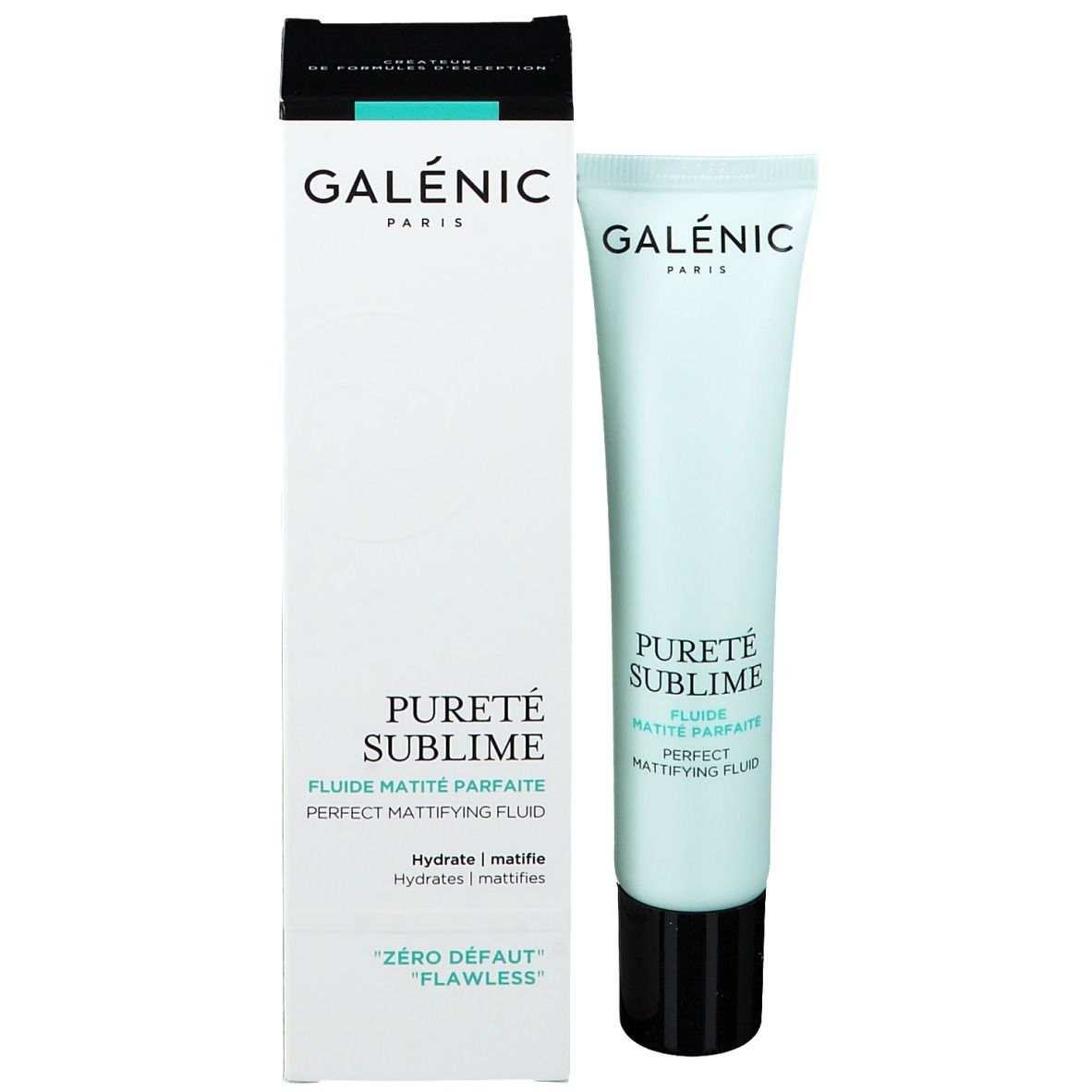 Prodotto e confezione. Tubo e scatola. Scritta: GALÉNIC, PURETÉ SUBLIME, FLUIDE MATITÉ PARFAITE. 'Zéro défaut'.