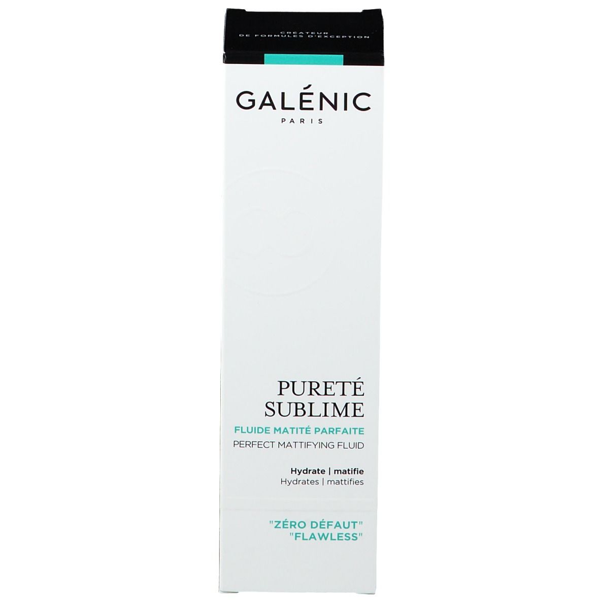 Confezione. Scritta: GALÉNIC, PURETÉ SUBLIME, FLUIDE MATITÉ PARFAITE. 'Zéro défaut'.
