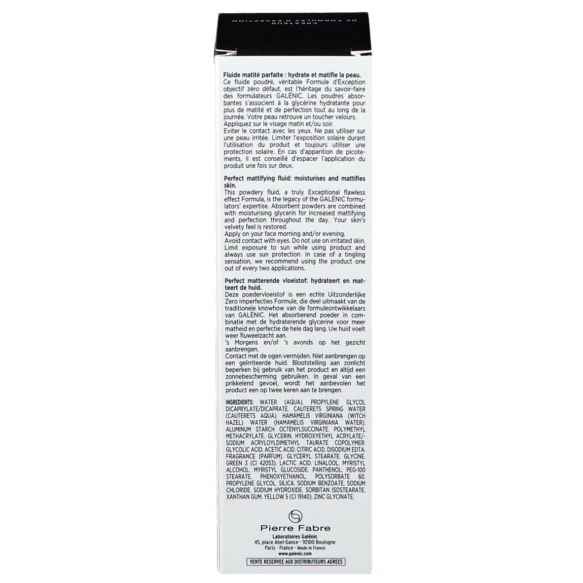 Confezione, lato. Testo multilingue. Ingredienti e informazioni sul produttore.