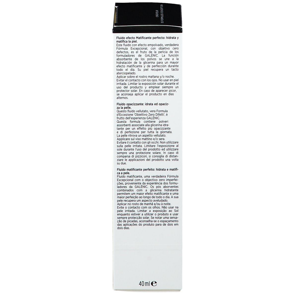 Confezione, lato. Testo multilingue. Descrizione del prodotto e istruzioni per l'uso. Volume: 40 ml.