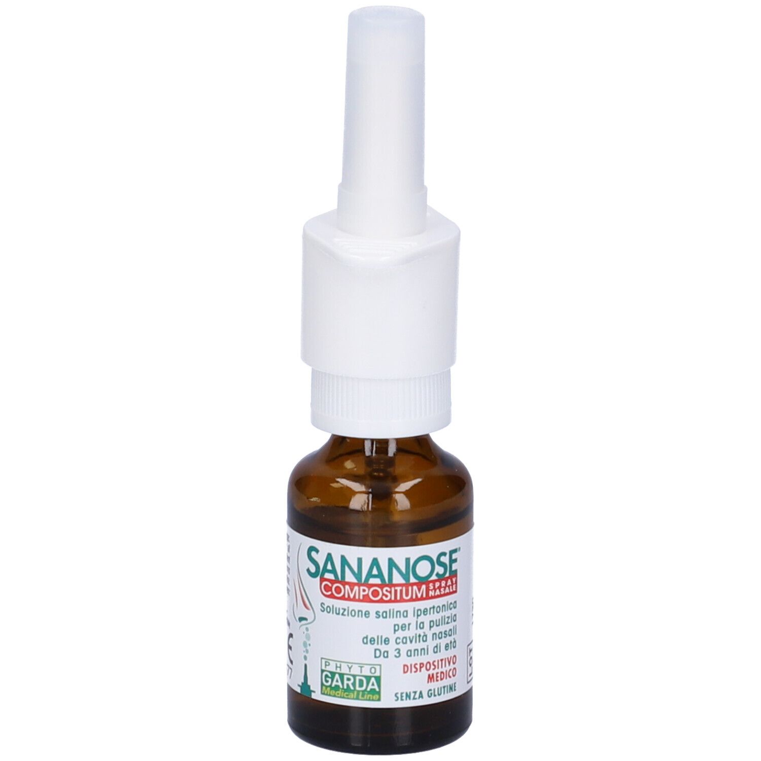 Sananose Compositum Spray Nasale. Flacone in vetro marrone con nebulizzatore bianco. Nome e logo visibili. Dispositivo medico.