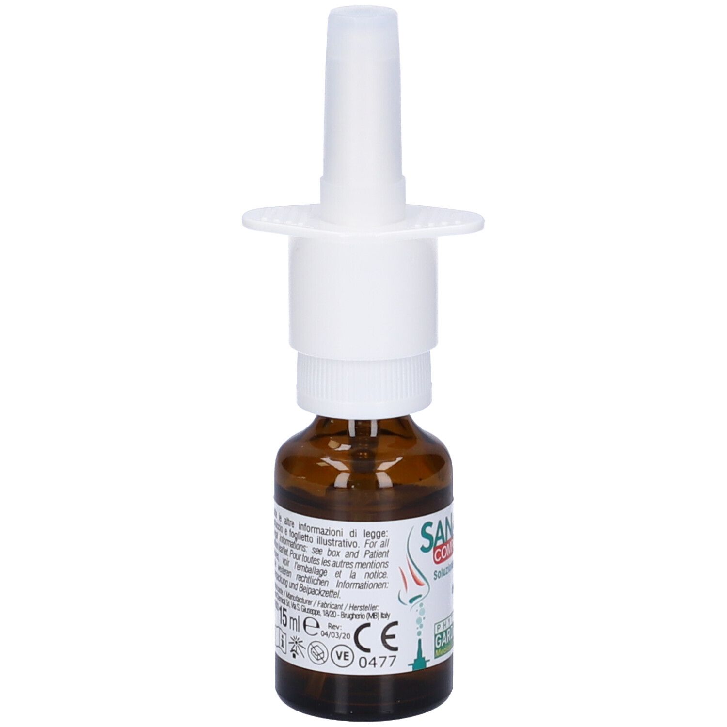 Sananose Compositum Spray Nasale. Flacone in vetro marrone con nebulizzatore bianco. Nome e logo visibili. Dispositivo medico. 15 ml.