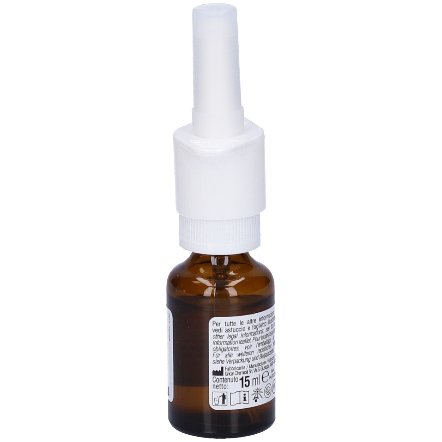 Sananose Compositum Spray Nasale. Flacone in vetro marrone con nebulizzatore bianco. Nome e logo visibili. Dispositivo medico. 15 ml.