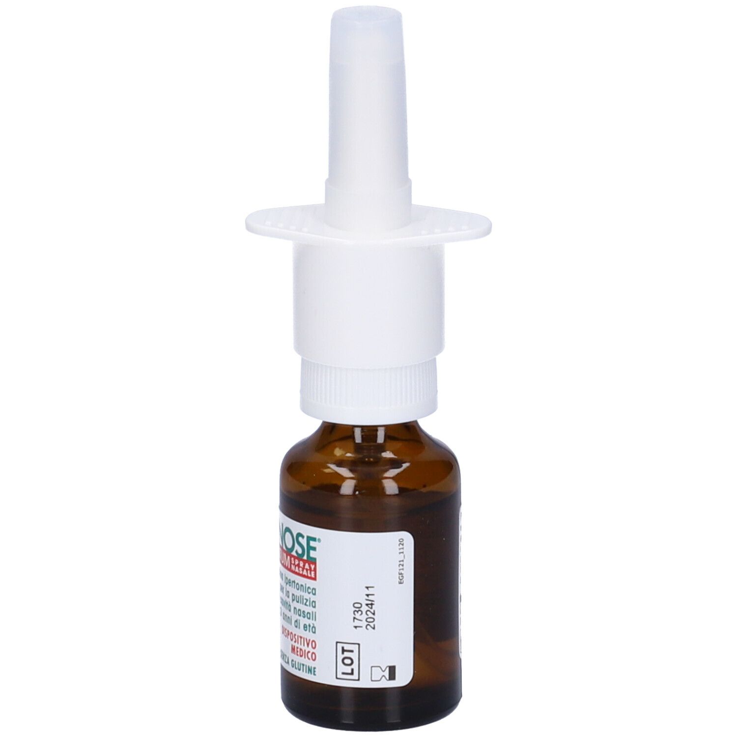 Sananose Compositum Spray Nasale. Flacone in vetro marrone con nebulizzatore bianco. Nome e logo visibili. Dispositivo medico. 15 ml.