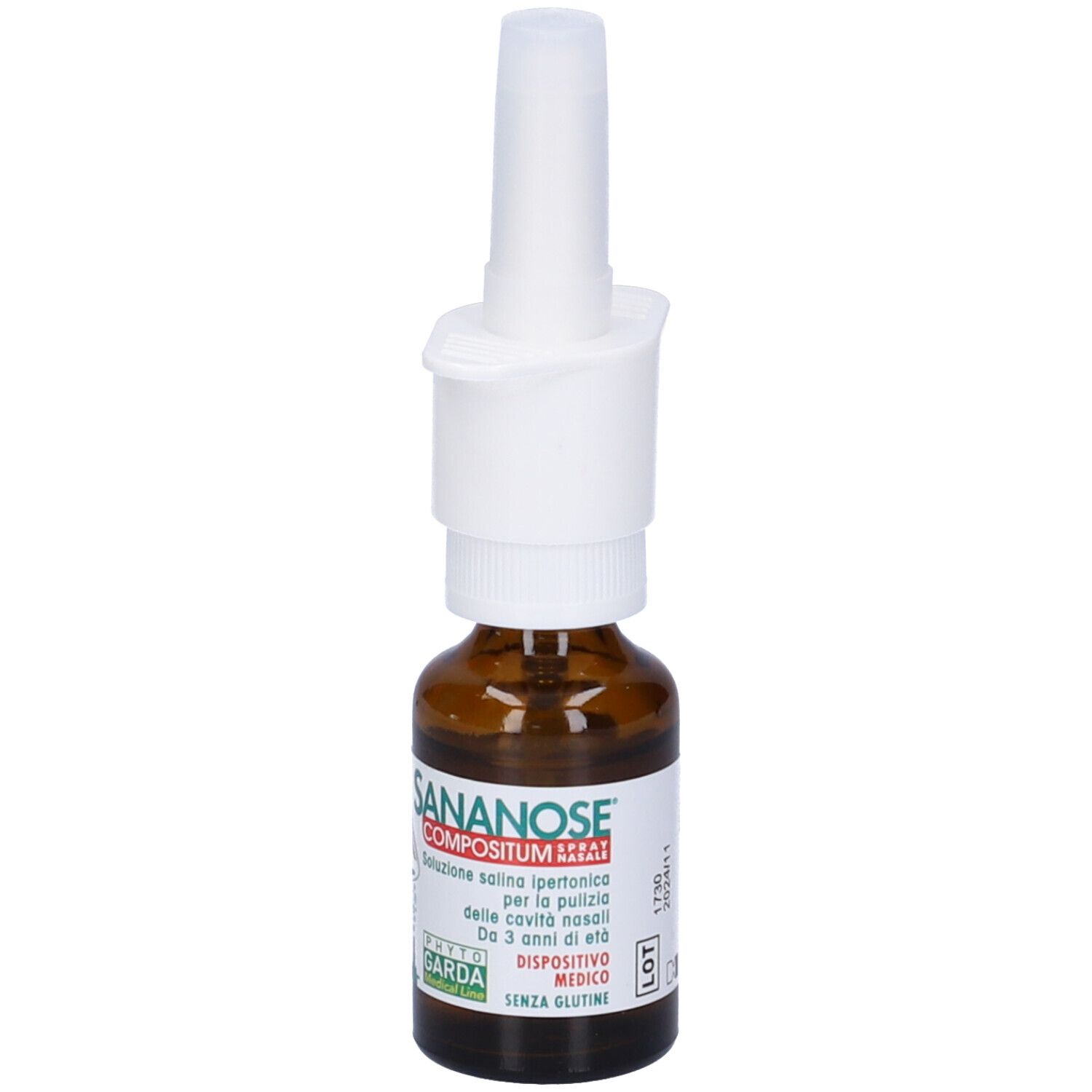 Sananose Compositum Spray Nasale. Flacone in vetro marrone con nebulizzatore bianco. Nome e logo visibili. Dispositivo medico. 15 ml.