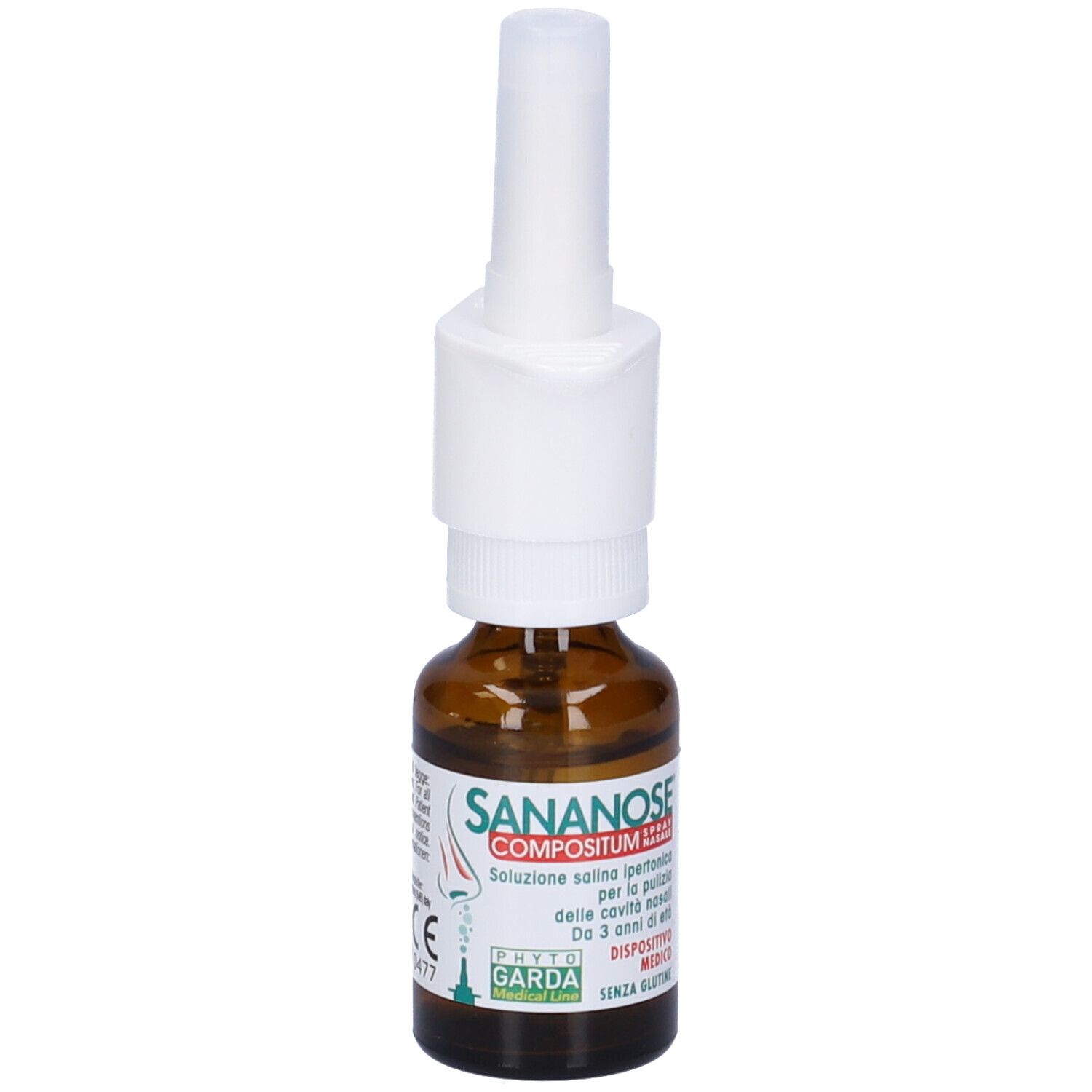 Sananose Compositum Spray Nasale. Flacone in vetro marrone con nebulizzatore bianco. Nome e logo visibili. Dispositivo medico. 15 ml.