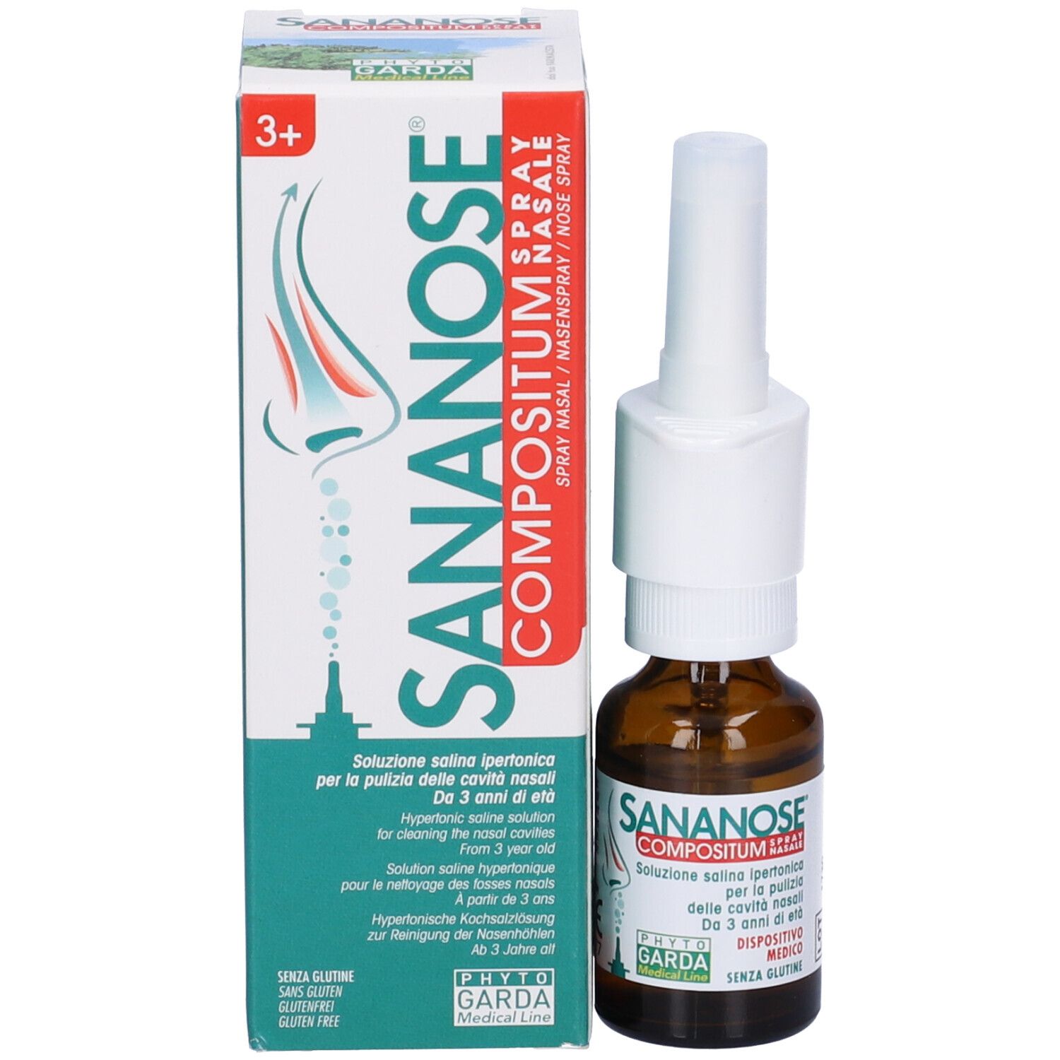 Sananose Compositum Spray Nasale. Confezione con flacone e nebulizzatore. Nome e logo visibili. Età consigliata: 3+.