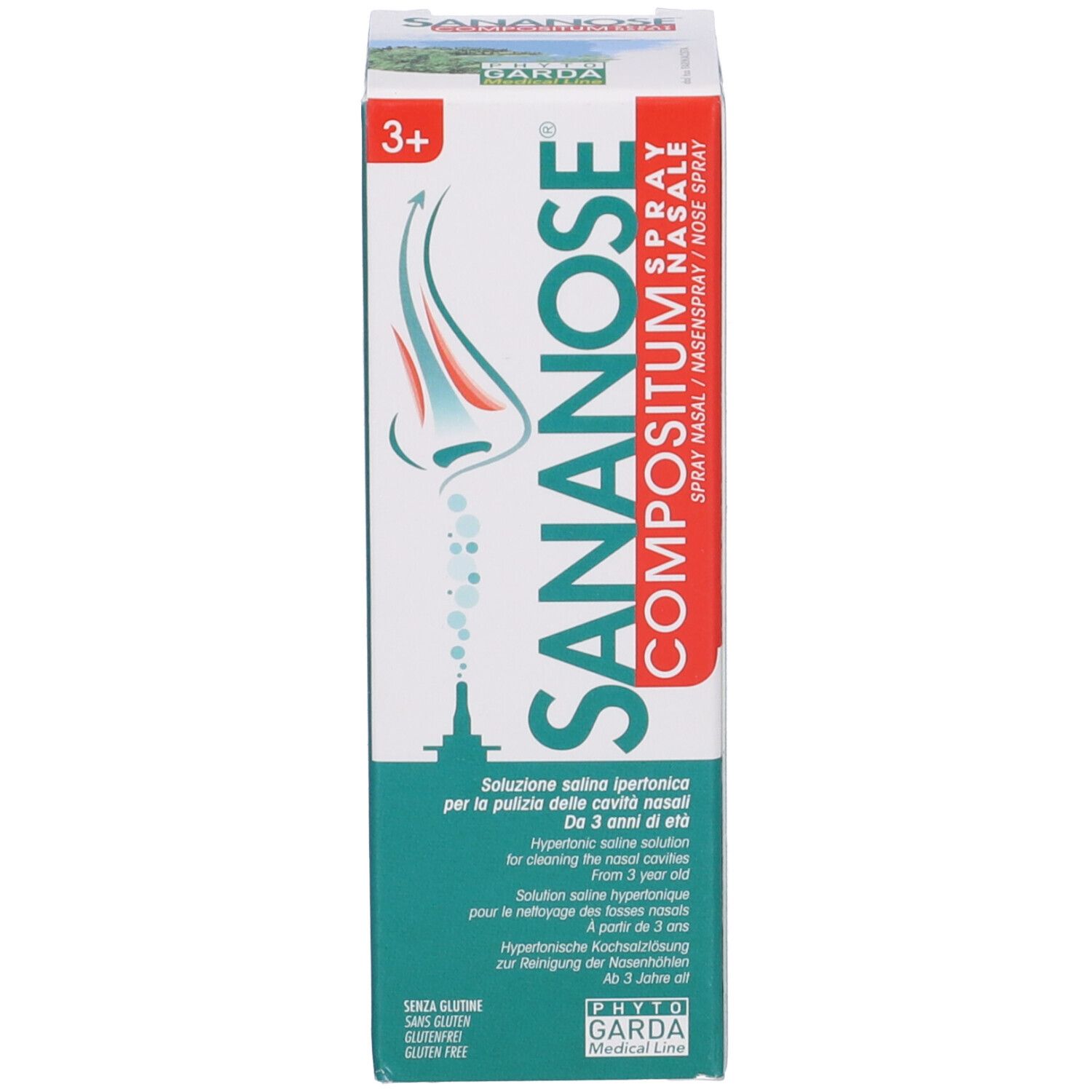 Sananose Compositum Spray Nasale. Confezione con flacone e nebulizzatore. Nome e logo visibili. Età consigliata: 3+.