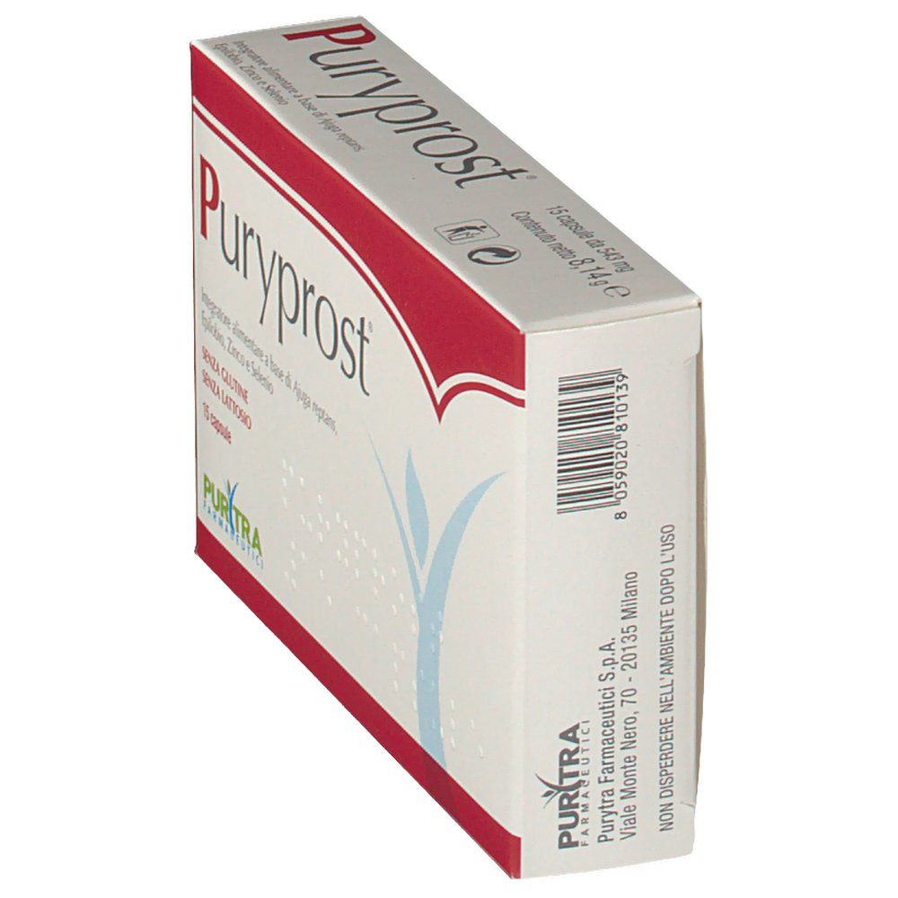 Scatola Puryprost bianca e rossa. Contiene 15 capsule. Senza glutine e lattosio. Contiene Ajuga reptans, epilobio, zinco e selenio.