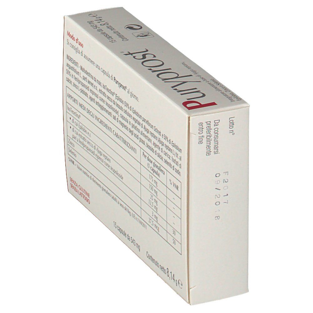 Scatola Puryprost, retro. Ingredienti e informazioni nutrizionali. 15 capsule. Senza glutine e lattosio.