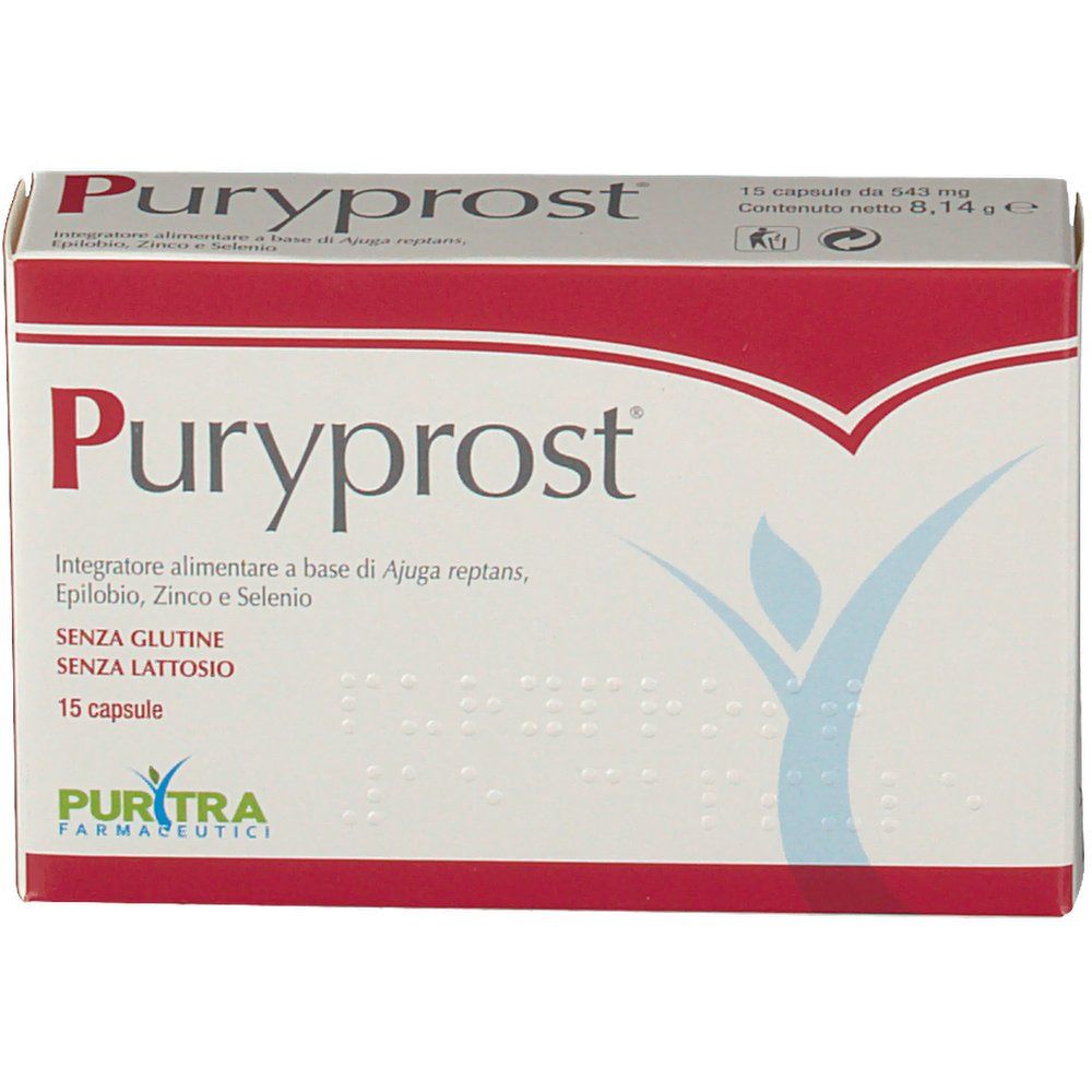 Scatola bianca con scritta Puryprost e 15 capsule. Contiene Ajuga reptans, epilobio, zinco e selenio. Senza glutine e lattosio.
