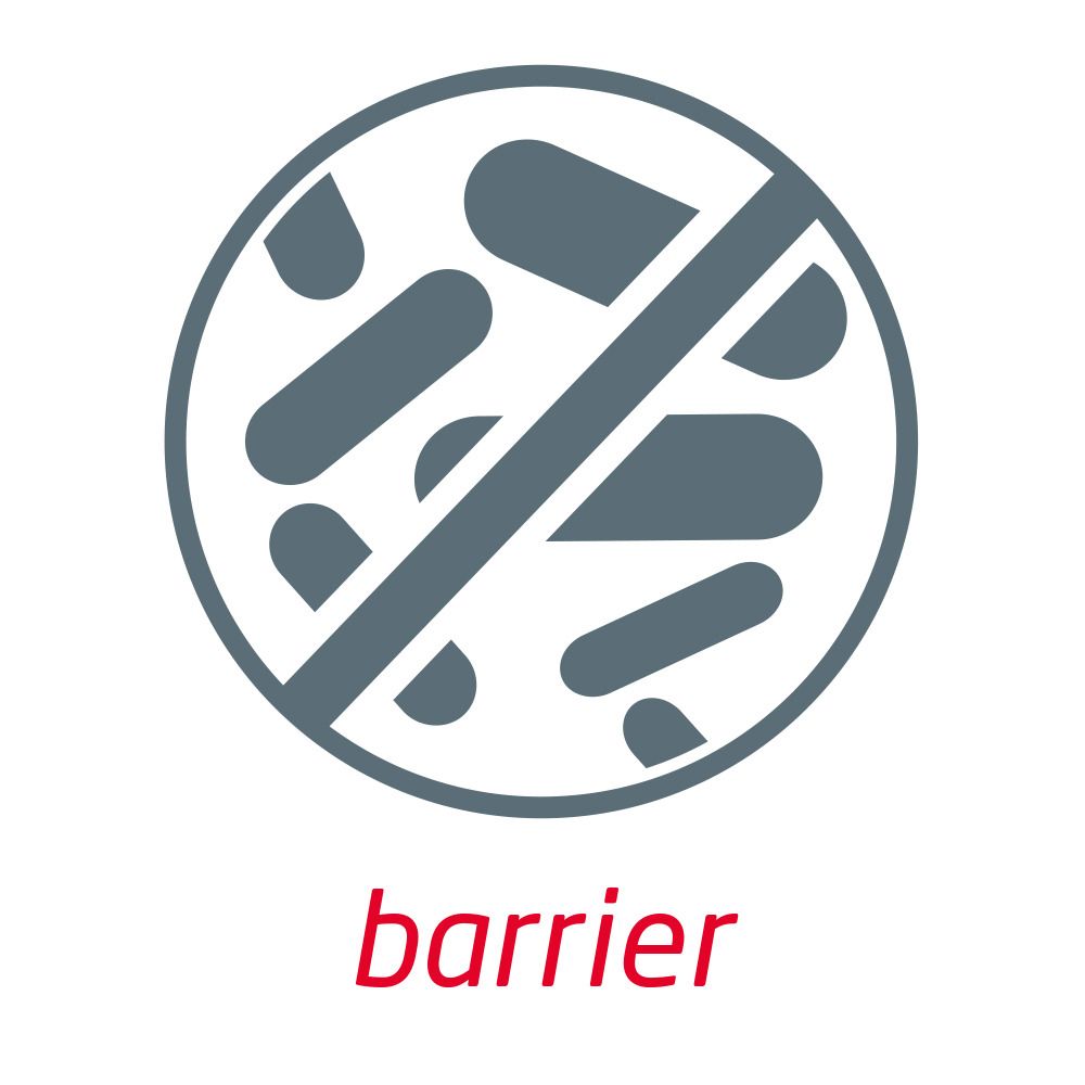 Simbolo di barriera batterica. Cerchio con batteri sbarrati. Scritta rossa 'barrier'.