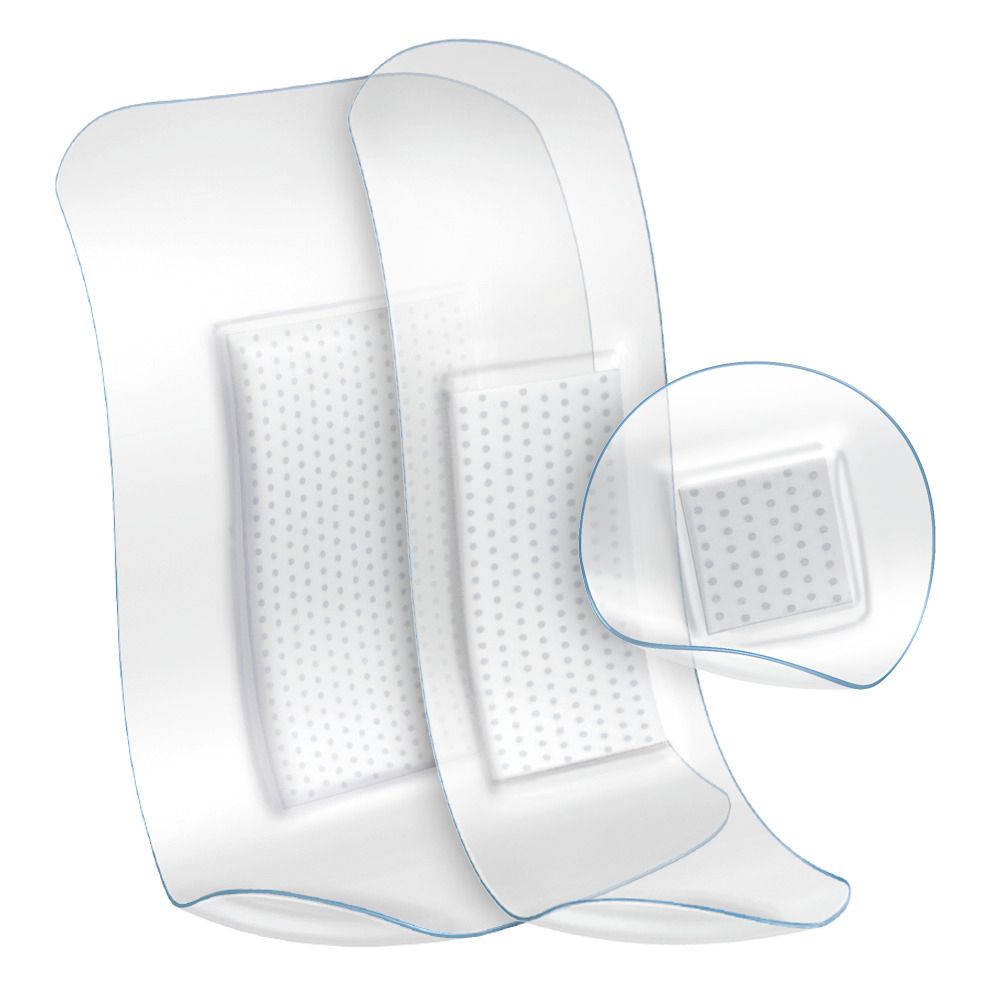 Cerotti trasparenti, rettangolari con tampone centrale. Dettaglio del tampone.