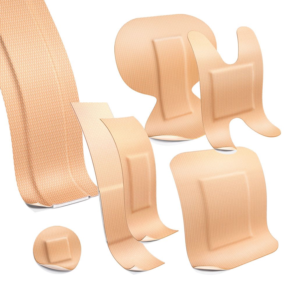 Varie forme di cerotti Leukoplast elastic. Cerotti beige con tampone quadrato.