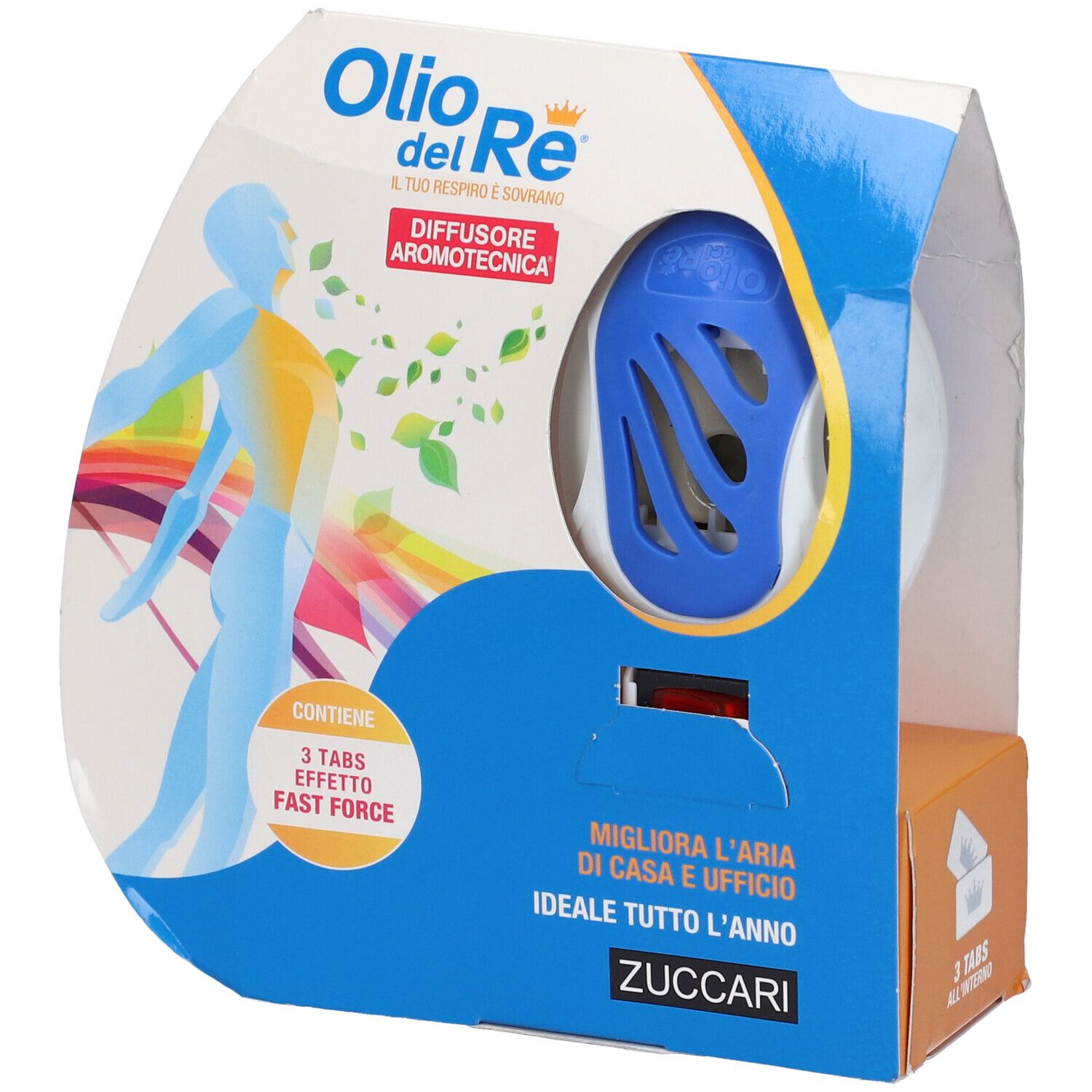 Diffusore aromotecnica nella confezione. Elementi blu e bianchi. Testo: Olio del Re, Diffusore Aromotecnica, 3 Tabs, Zuccari.