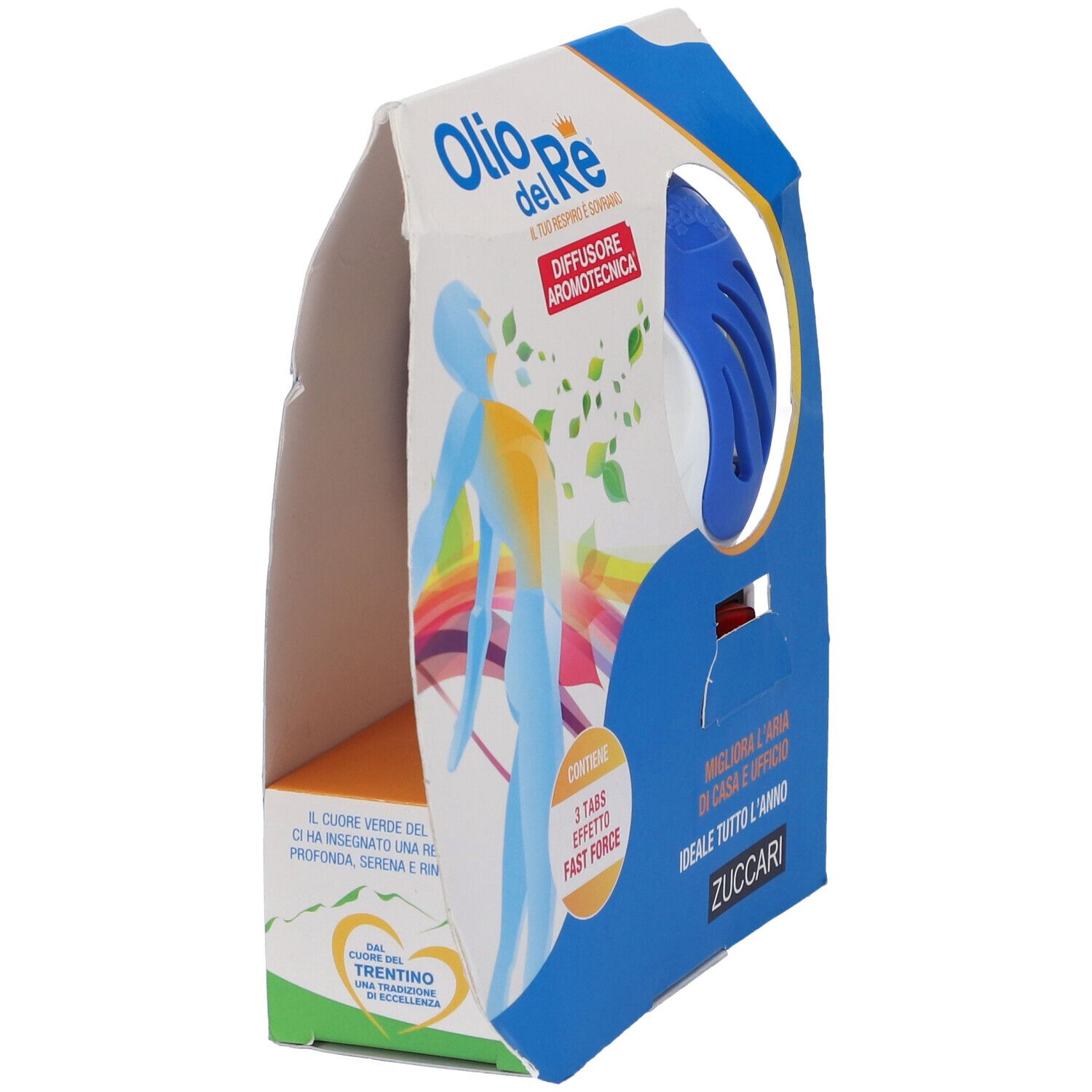 Diffusore aromotecnica nella confezione. Elementi blu e bianchi. Testo: Olio del Re, Diffusore Aromotecnica, 3 Tabs, Zuccari.