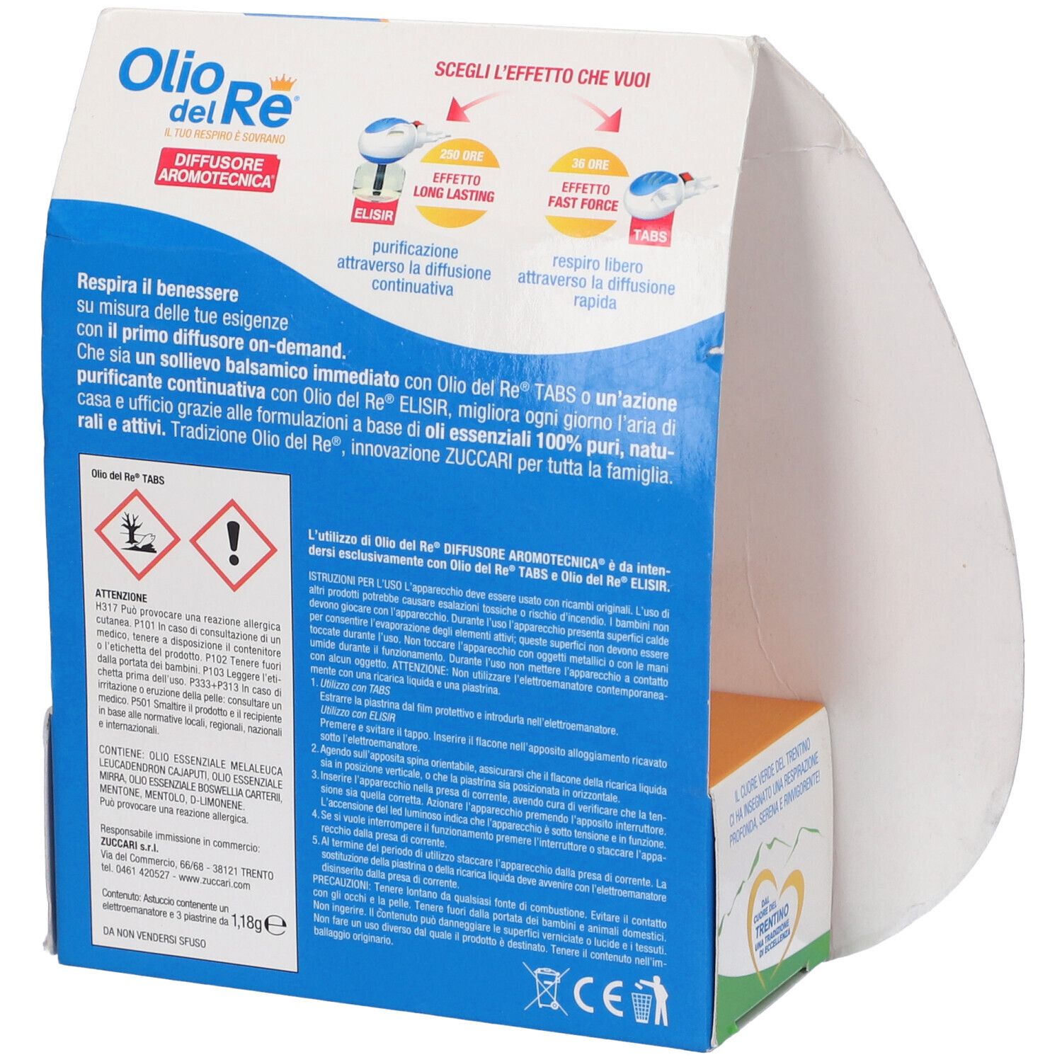 Retro della confezione. Testo: Olio del Re, Diffusore Aromotecnica, avvertenze, informazioni per l'uso, Zuccari.