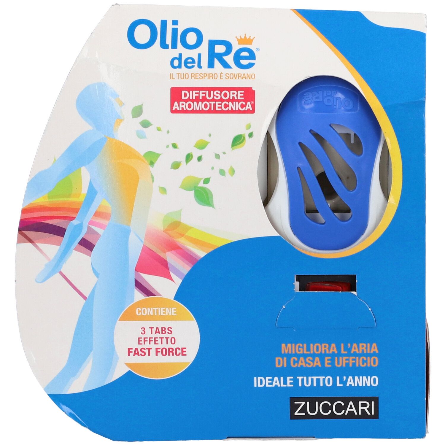 Diffusore aromotecnica nella confezione. Elementi blu e bianchi. Testo: Olio del Re, Diffusore Aromotecnica, 3 Tabs, Zuccari.