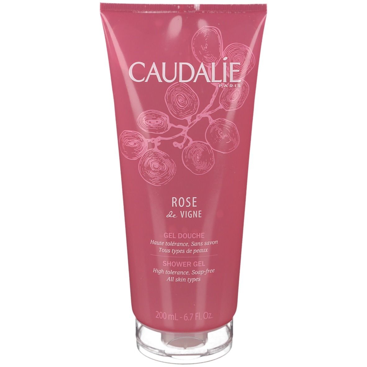 Tubo di gel doccia rosa con tappo bianco. Scritta CAUDALIE e Rose de Vigne. 200 ml.