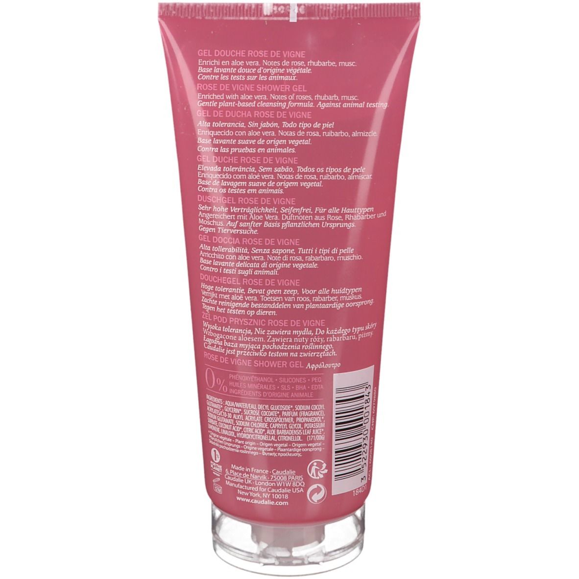 Retro di un tubo di gel doccia rosa. Testo multilingue, inclusi ingredienti e informazioni del produttore.