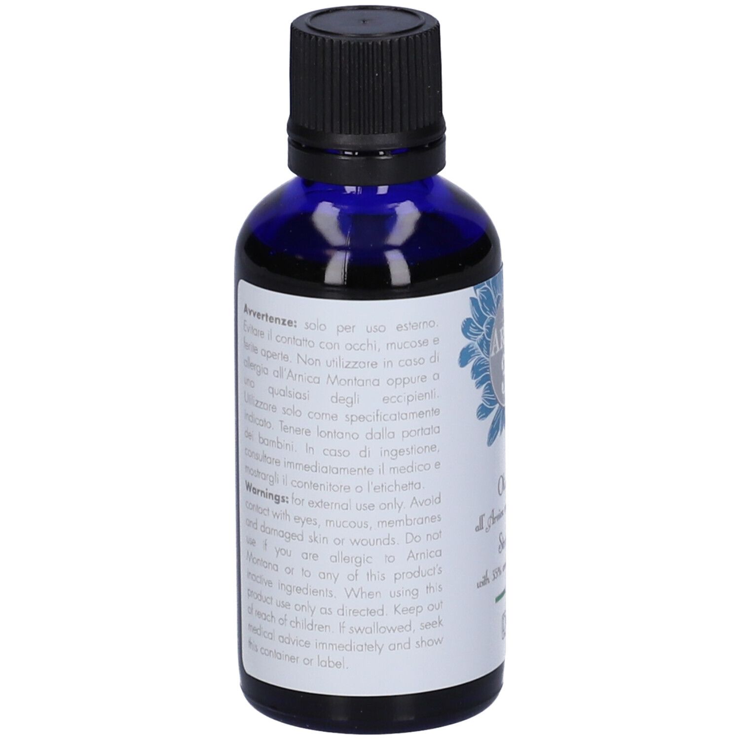 Flacone di vetro blu con tappo nero. Etichetta con avvertenze e ingredienti.
