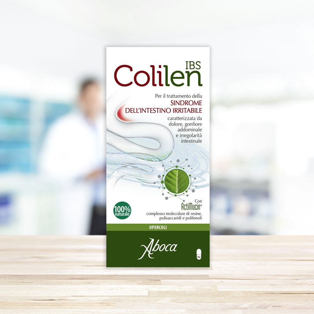 Confezione di Colilen IBS Opercoli. Scatola verde e bianca con nome e logo del prodotto. Testo in italiano.