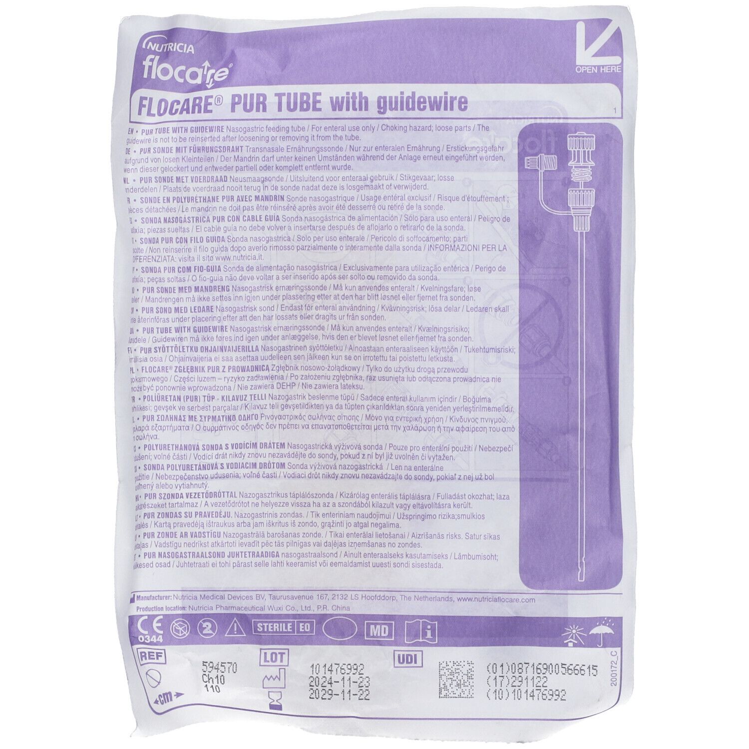 Confezione sondino nasogastrico. Testo: Flocare PUR TUBE. Dispositivo medico. Sterile. Marchio CE.