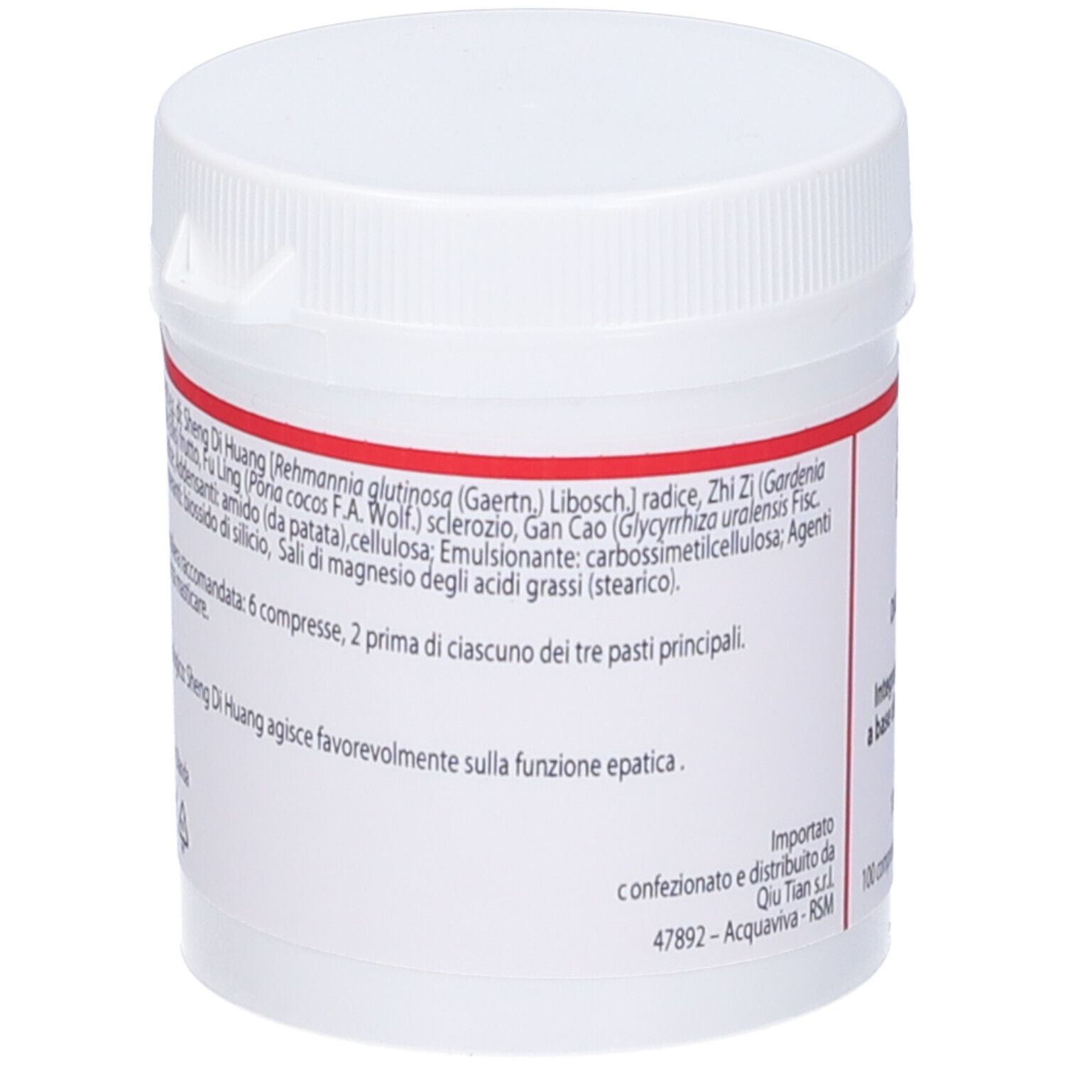 Barattolo bianco con fascia rossa. Retro con ingredienti e dosaggio. QIU TIAN S. MARINO.