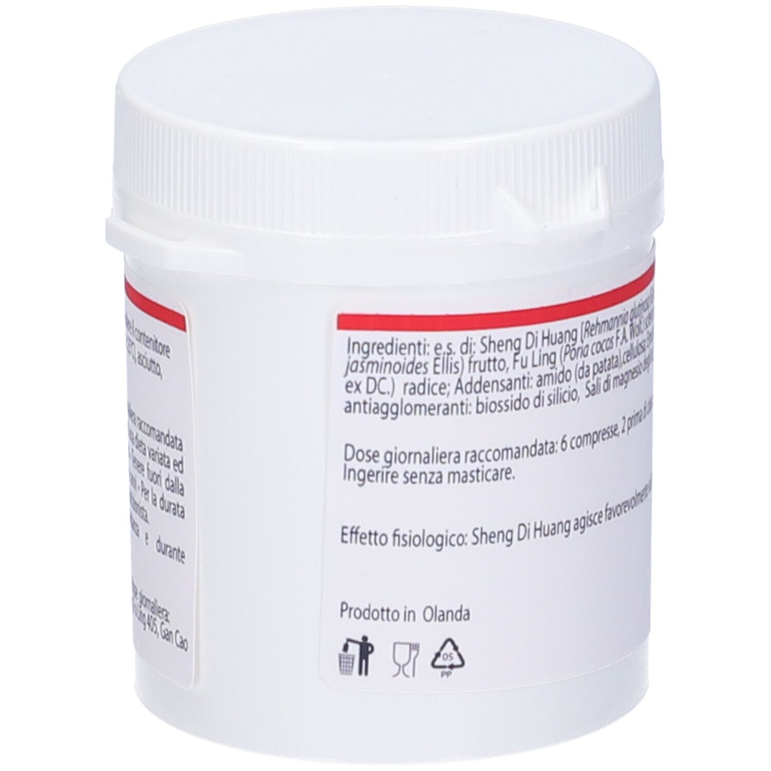 Barattolo bianco con fascia rossa. Ingredienti e dosaggio sul retro. QIU TIAN S. MARINO.