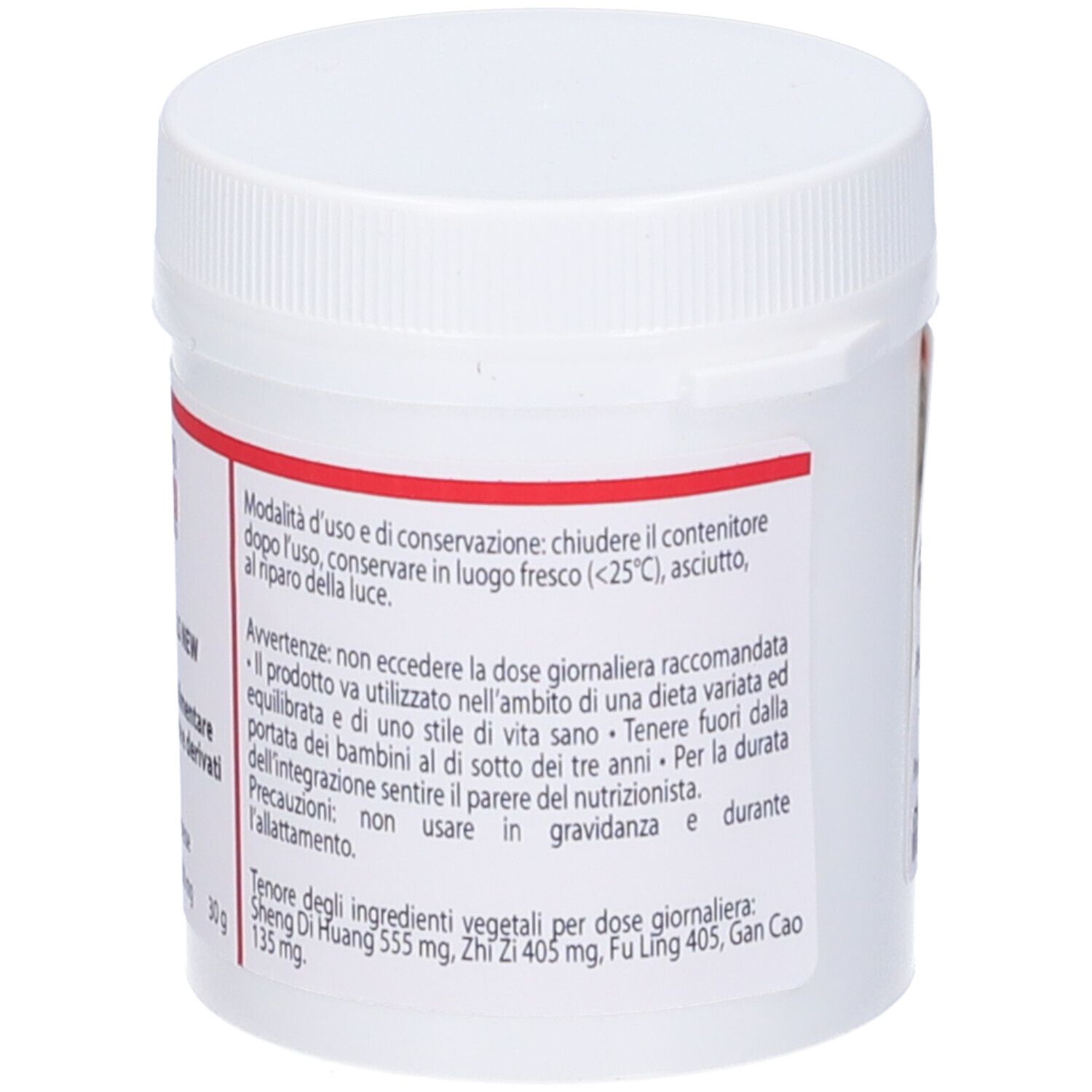 Barattolo bianco con fascia rossa. Retro con istruzioni per l'uso. QIU TIAN S. MARINO.