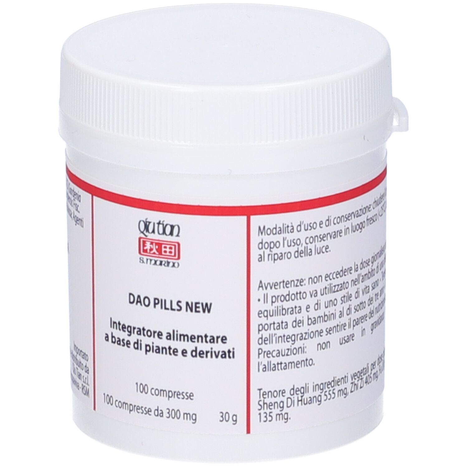 Barattolo bianco con fascia rossa. Scritta: DAO PILLS NEW, 100 compresse. QIU TIAN S. MARINO.
