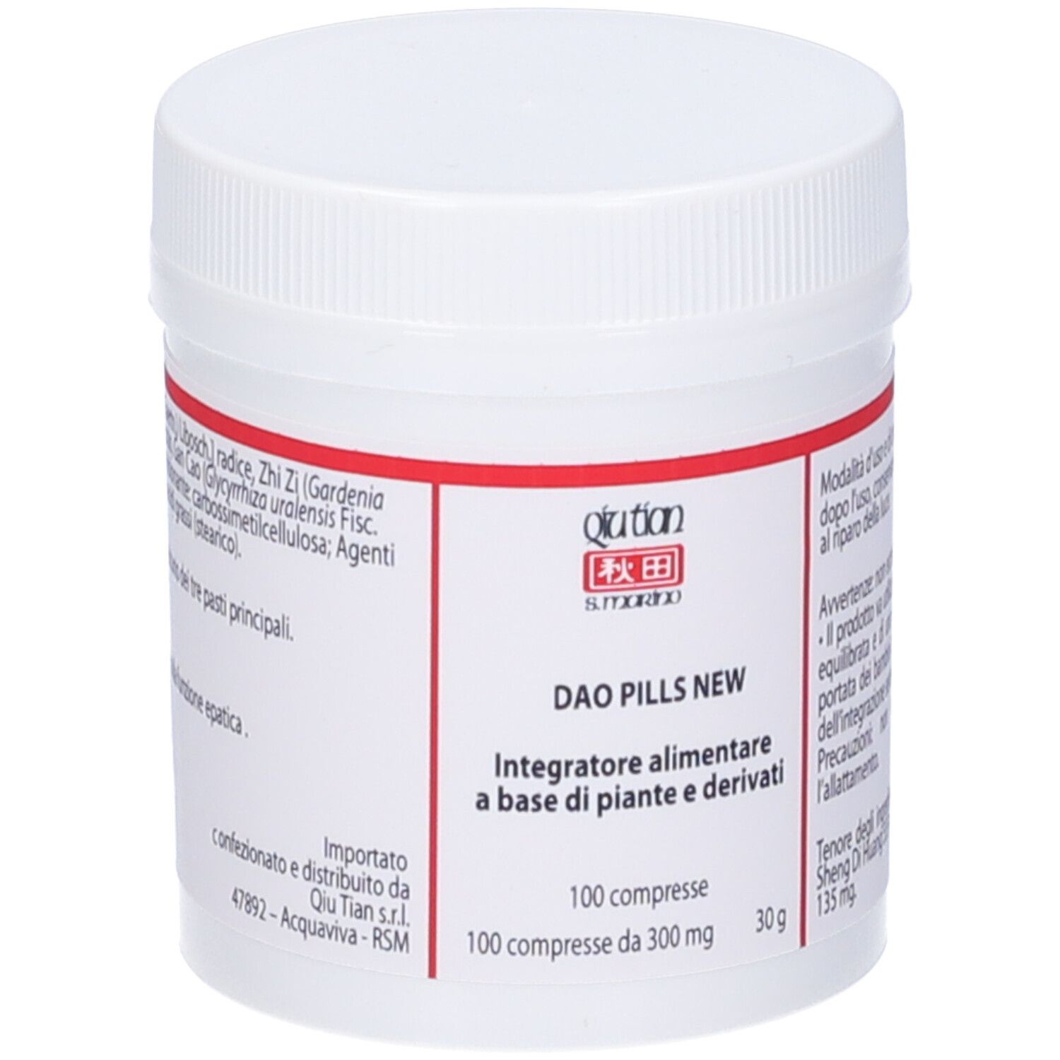 Barattolo bianco con fascia rossa. Scritta: DAO PILLS NEW, 100 compresse. QIU TIAN S. MARINO.