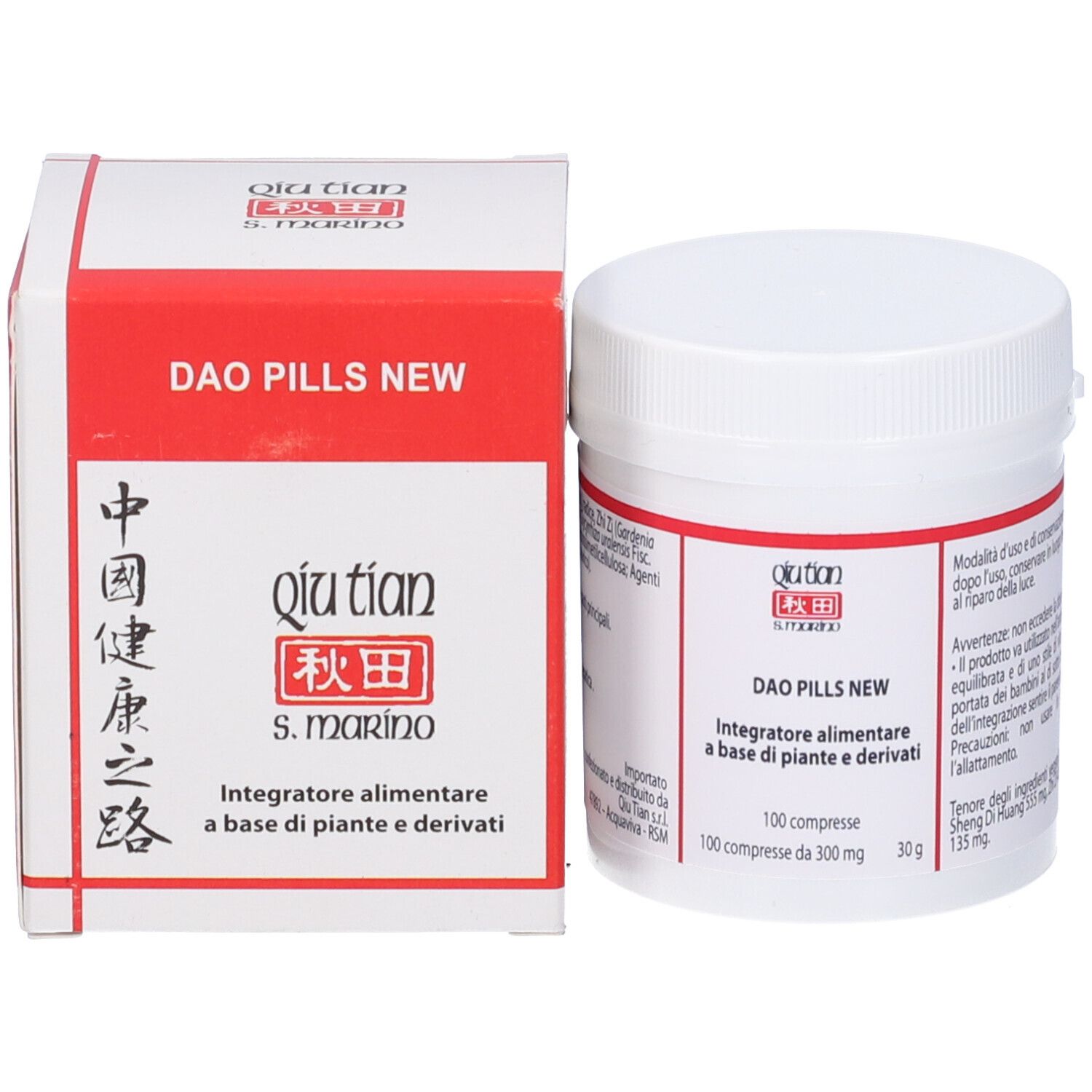 Barattolo bianco e scatola. Scritta: DAO PILLS NEW. QIU TIAN S. MARINO. 100 compresse.