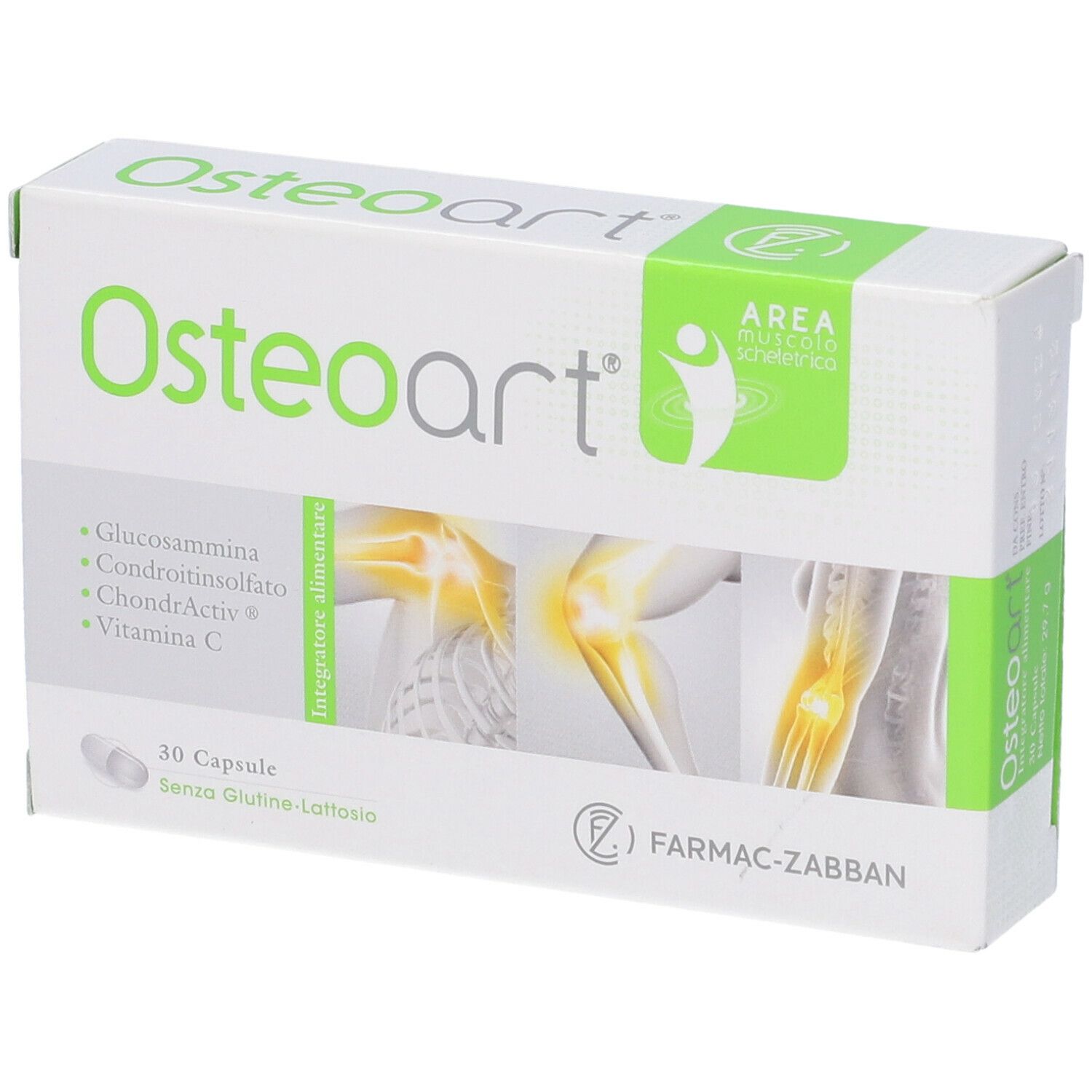 Scatola bianca con il nome del prodotto Osteoart. Sulla scatola sono visibili anche loghi, informazioni sul prodotto e 30 capsule.
