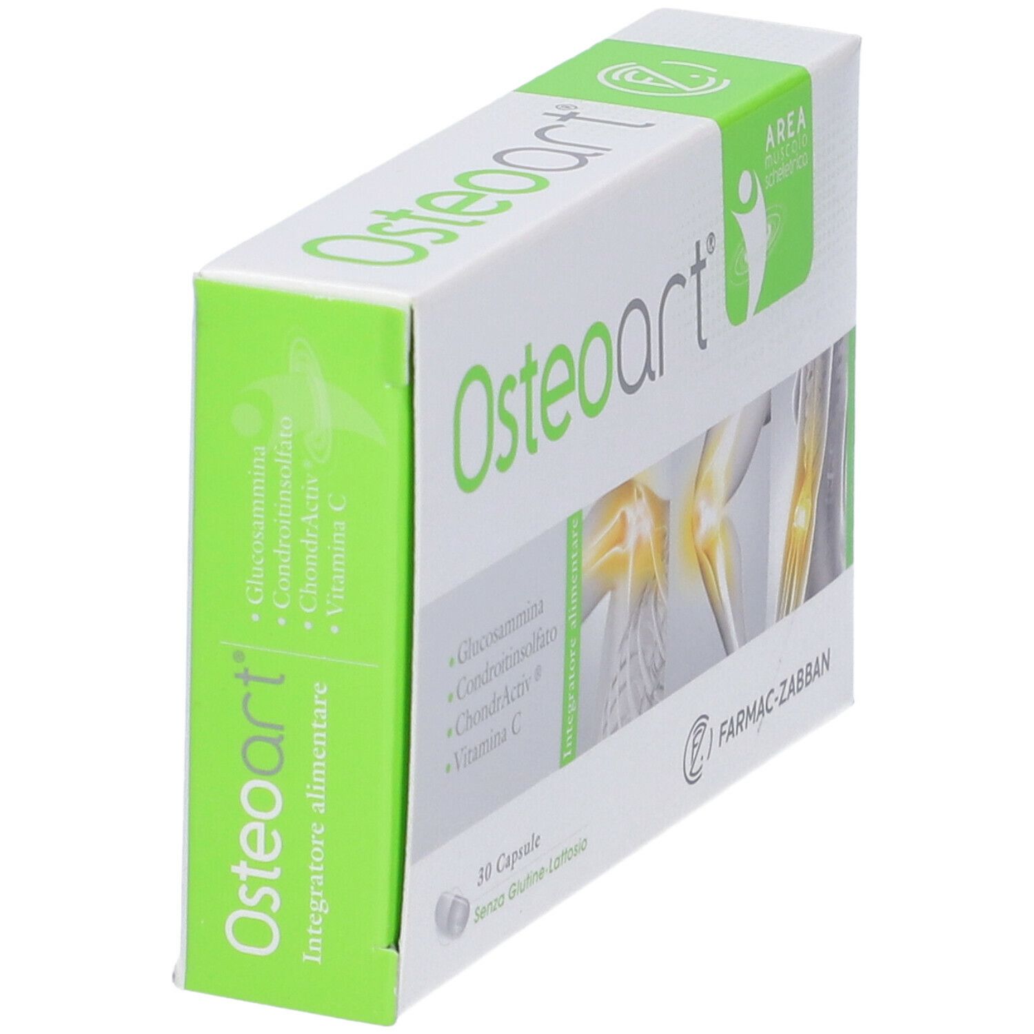 Scatola bianca e verde con il nome del prodotto Osteoart. Sulla scatola sono visibili anche loghi, informazioni sul prodotto e 30 capsule.