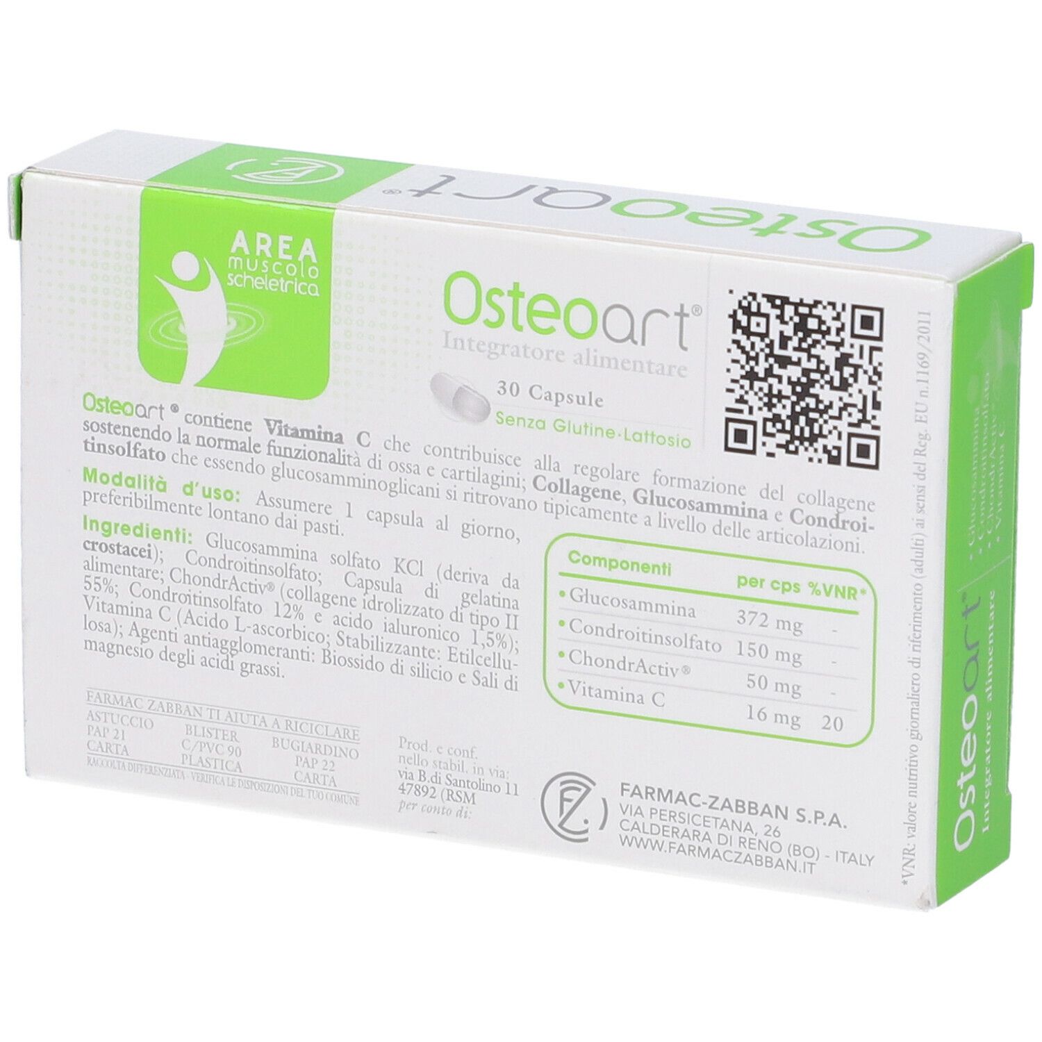 Scatola bianca e verde con il nome del prodotto Osteoart. Sulla scatola sono visibili anche loghi, informazioni sul prodotto e 30 capsule.