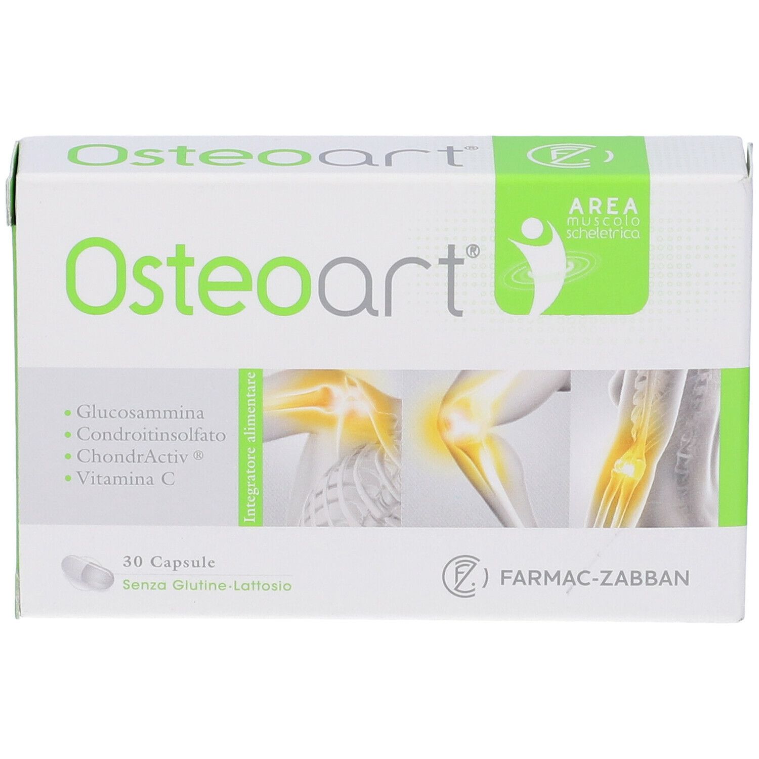 Scatola bianca con il nome del prodotto Osteoart. Sulla scatola sono visibili anche loghi, informazioni sul prodotto e 30 capsule.
