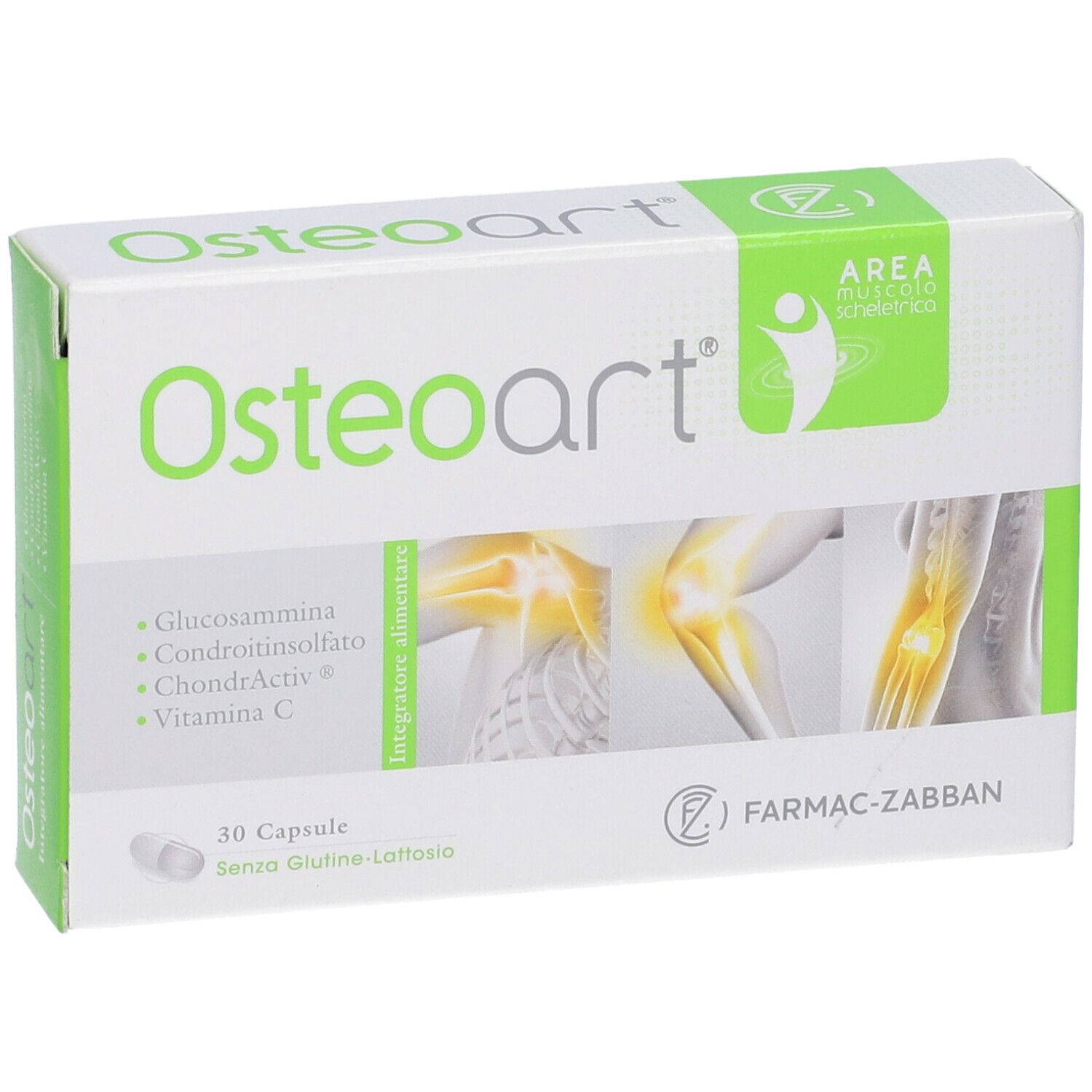 Scatola bianca con il nome del prodotto Osteoart. Sulla scatola sono visibili anche loghi, informazioni sul prodotto e 30 capsule.