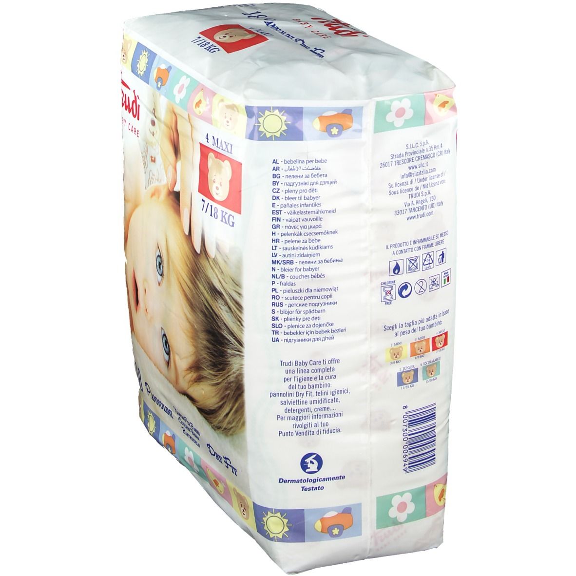 Confezione pannolini Trudi Baby Care Dry Fit 4 Maxi. Retro con testi multilingue, loghi e informazioni. Scritta: Dry Fit.