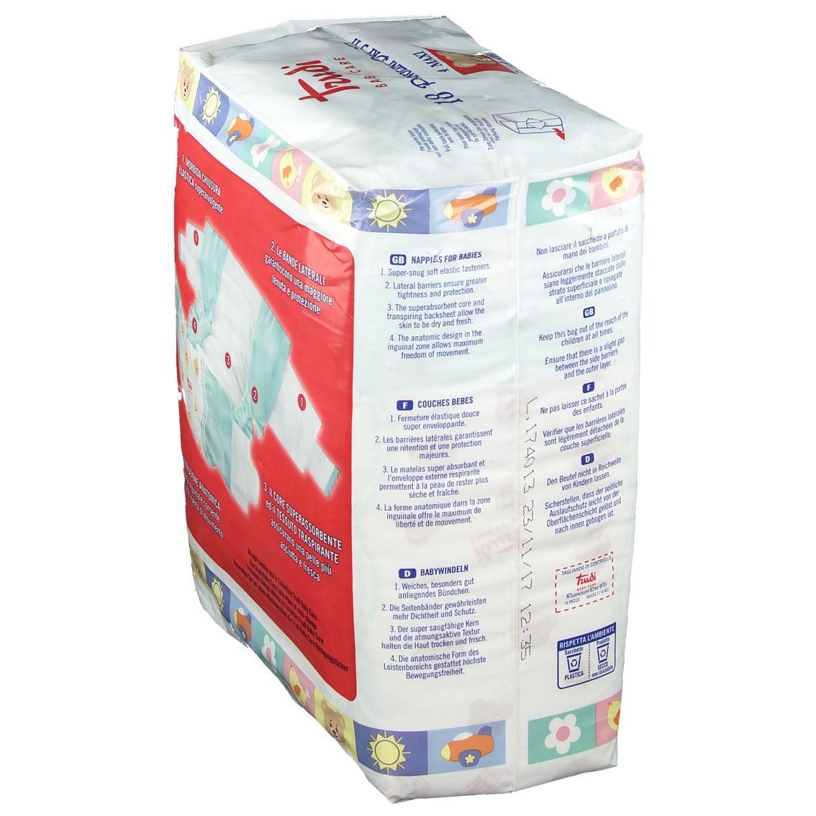 Confezione pannolini Trudi Baby Care Dry Fit 4 Maxi. Retro con testi, illustrazioni e informazioni. Scritta: Dry Fit.