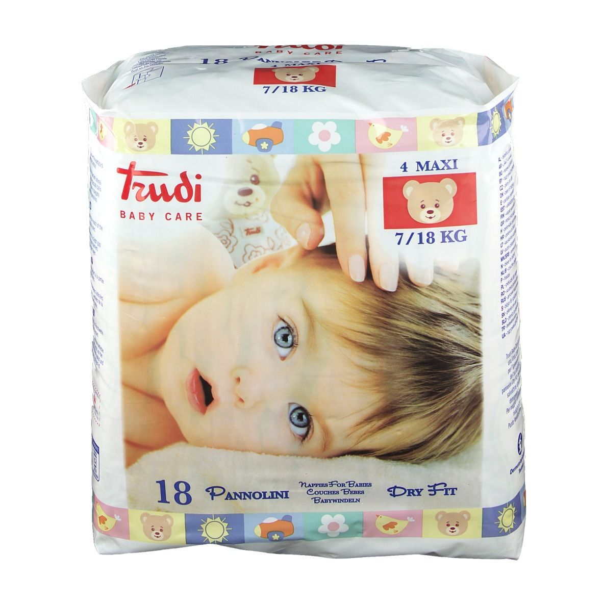 Confezione pannolini Trudi Baby Care Dry Fit 4 Maxi. Immagine: bambino, orsetto, 7/18 kg, 18 pezzi. Scritta: Dry Fit.