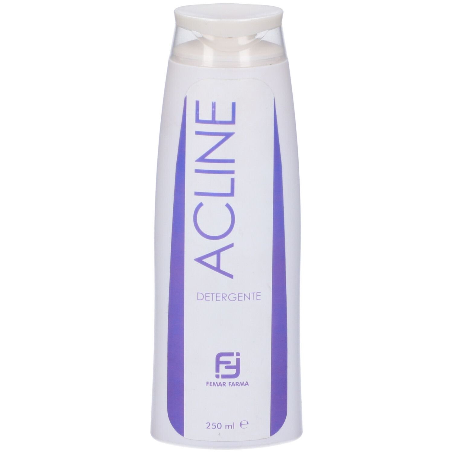 Flacone bianco con tappo a ribalta. Scritta ACLINE, DETERGENTE, logo e 250 ml. Accenti viola.