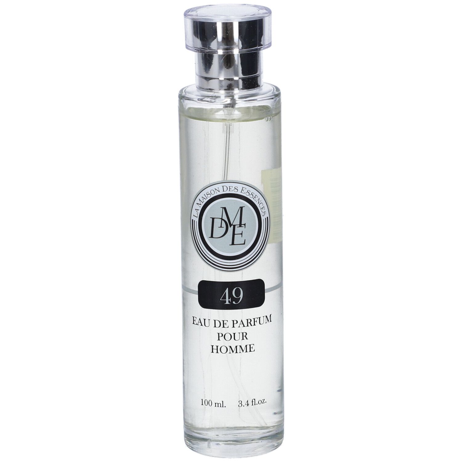 Flacone di profumo con tappo argentato. Scritta: 49 Eau de Parfum Pour Homme. Logo: La Maison des Essences.