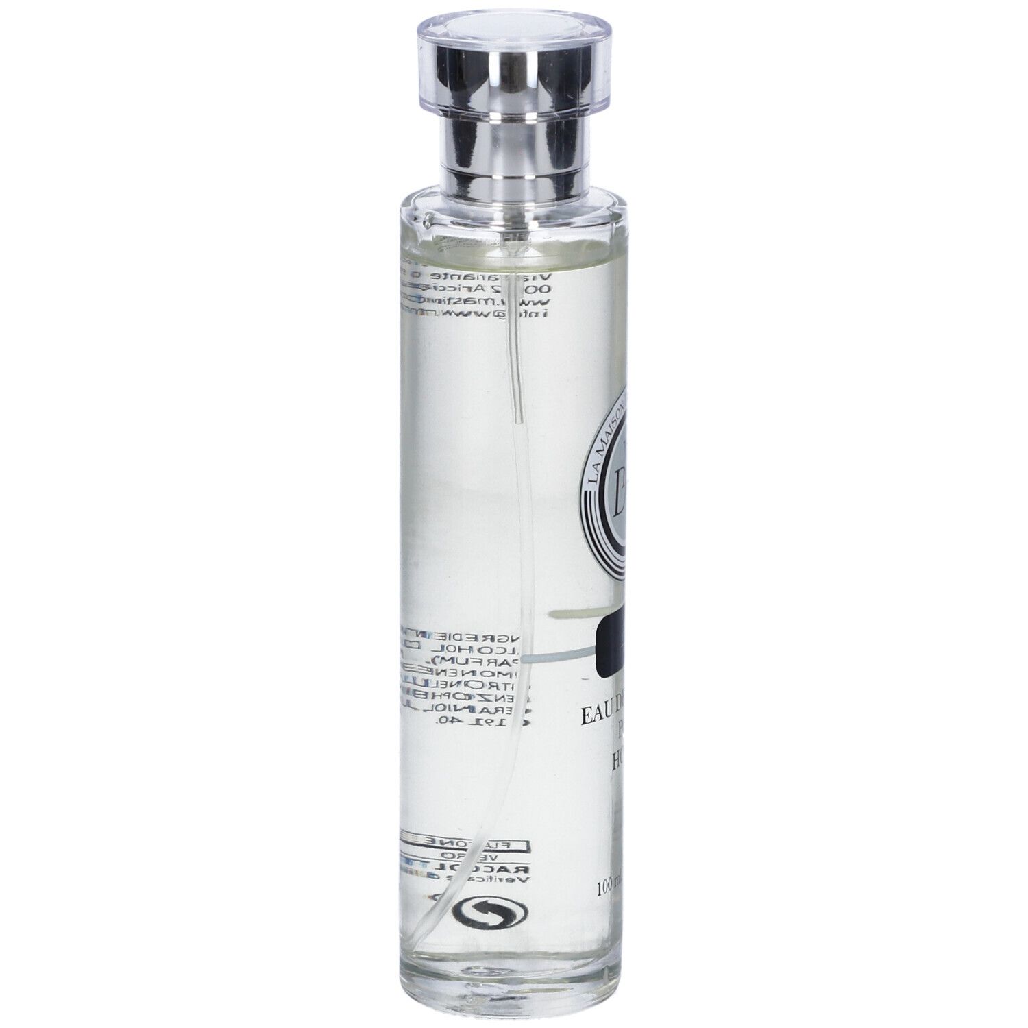 Flacone di profumo, vista laterale. Scritta: 49 Eau de Parfum Pour Homme. Logo: La Maison des Essences. Testo sul retro.