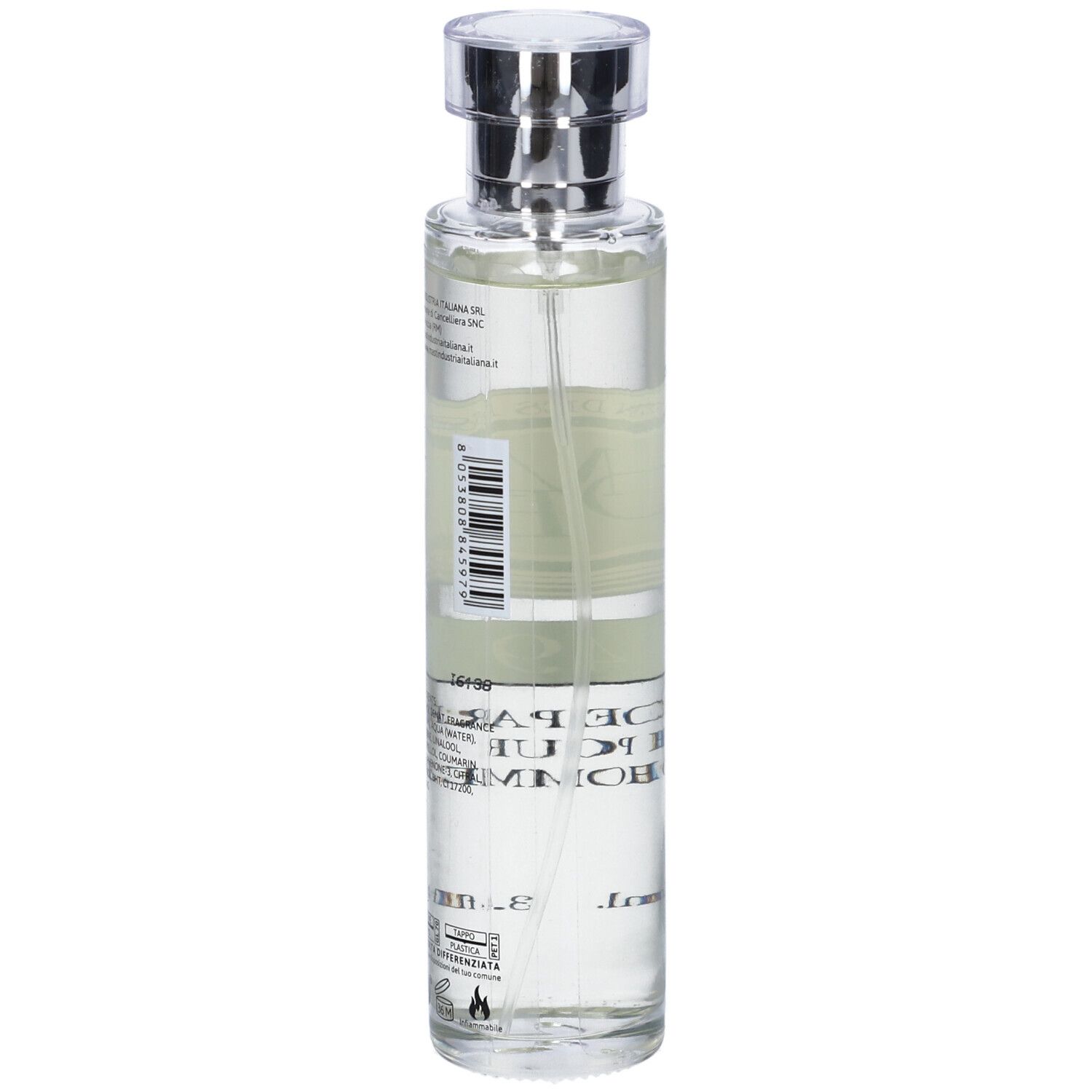Flacone di profumo, vista laterale. Scritta: 49 Eau de Parfum Pour Homme. Logo: La Maison des Essences. Codice a barre e testo.