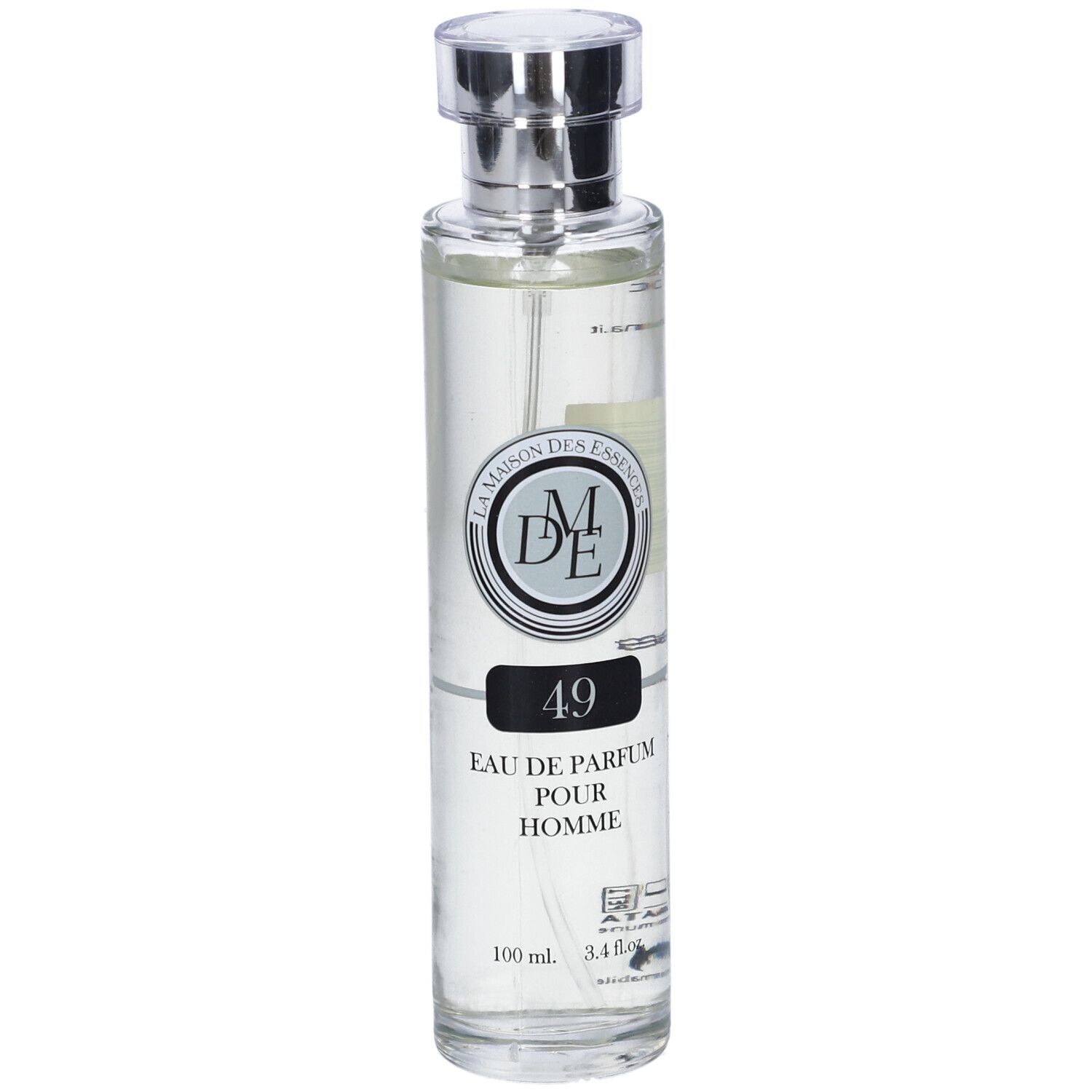 Flacone di profumo con tappo argentato. Scritta: 49 Eau de Parfum Pour Homme. Logo: La Maison des Essences.