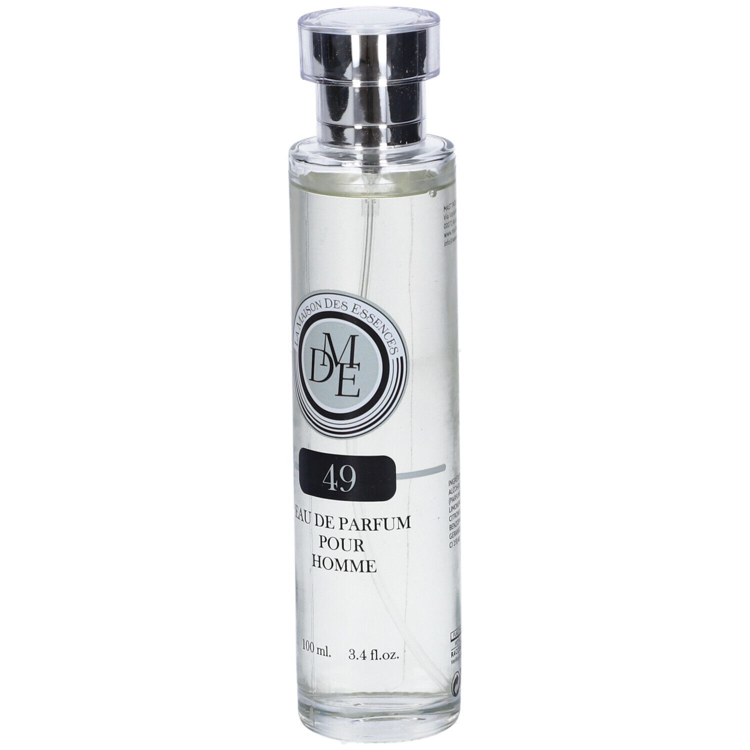 Flacone di profumo con tappo argentato. Scritta: 49 Eau de Parfum Pour Homme. Logo: La Maison des Essences.