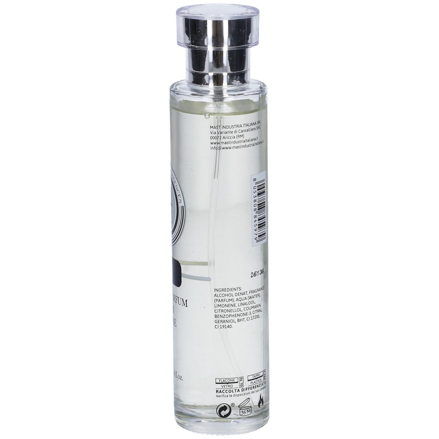 Flacone di profumo, vista laterale. Scritta: 49 Eau de Parfum Pour Homme. Logo: La Maison des Essences. Testo sul retro.