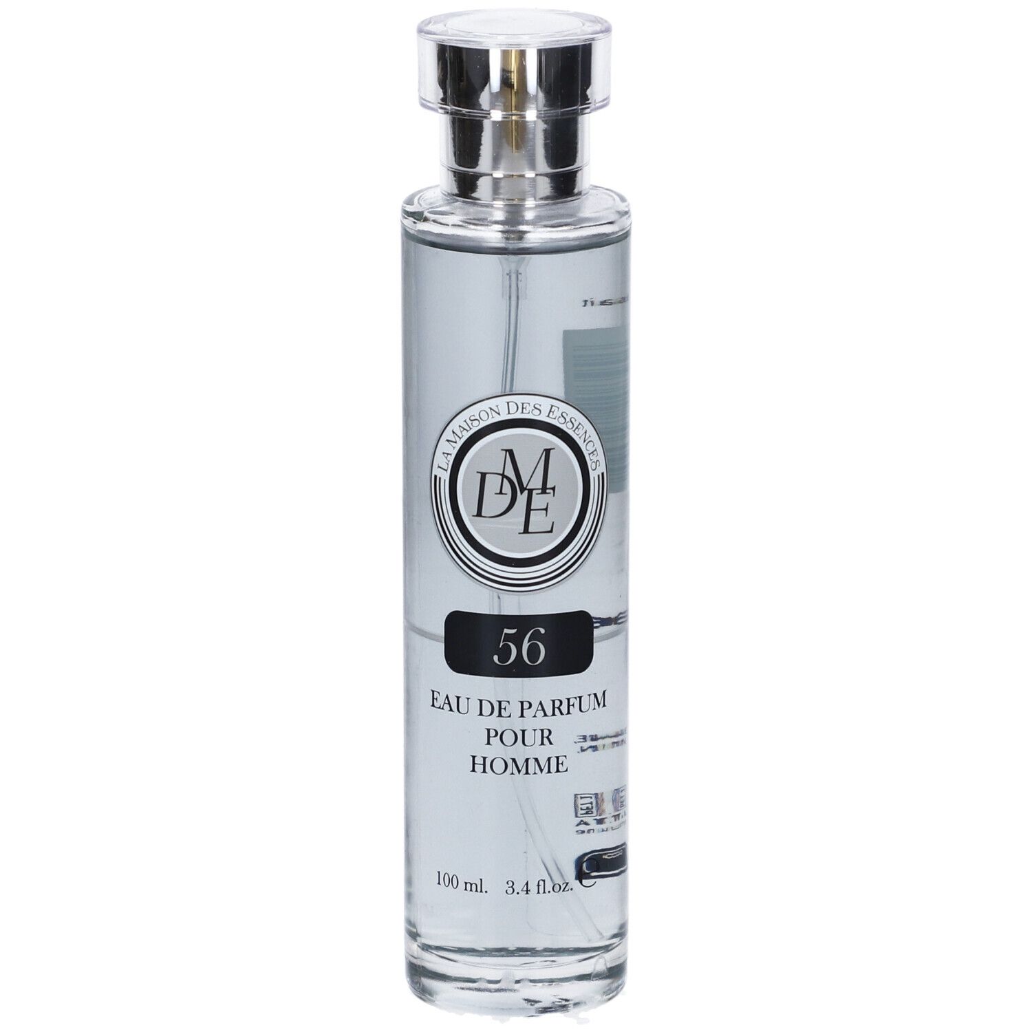 Flacone di profumo con tappo argentato. Scritta: 56, Eau de Parfum pour Homme. Marchio: La Maison Des Essences.
