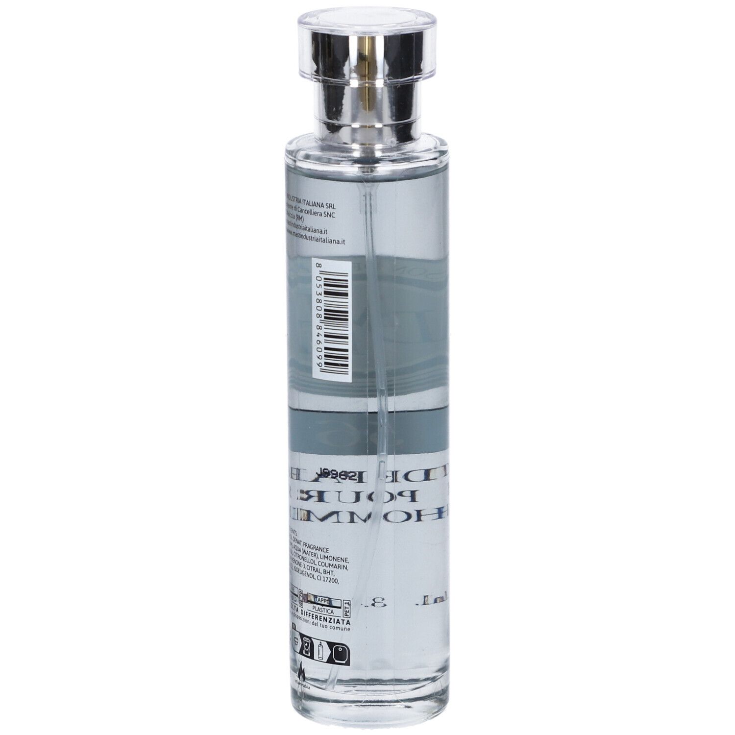 Flacone di profumo con tappo argentato. Scritta: 56, Eau de Parfum pour Homme. Marchio: La Maison Des Essences.